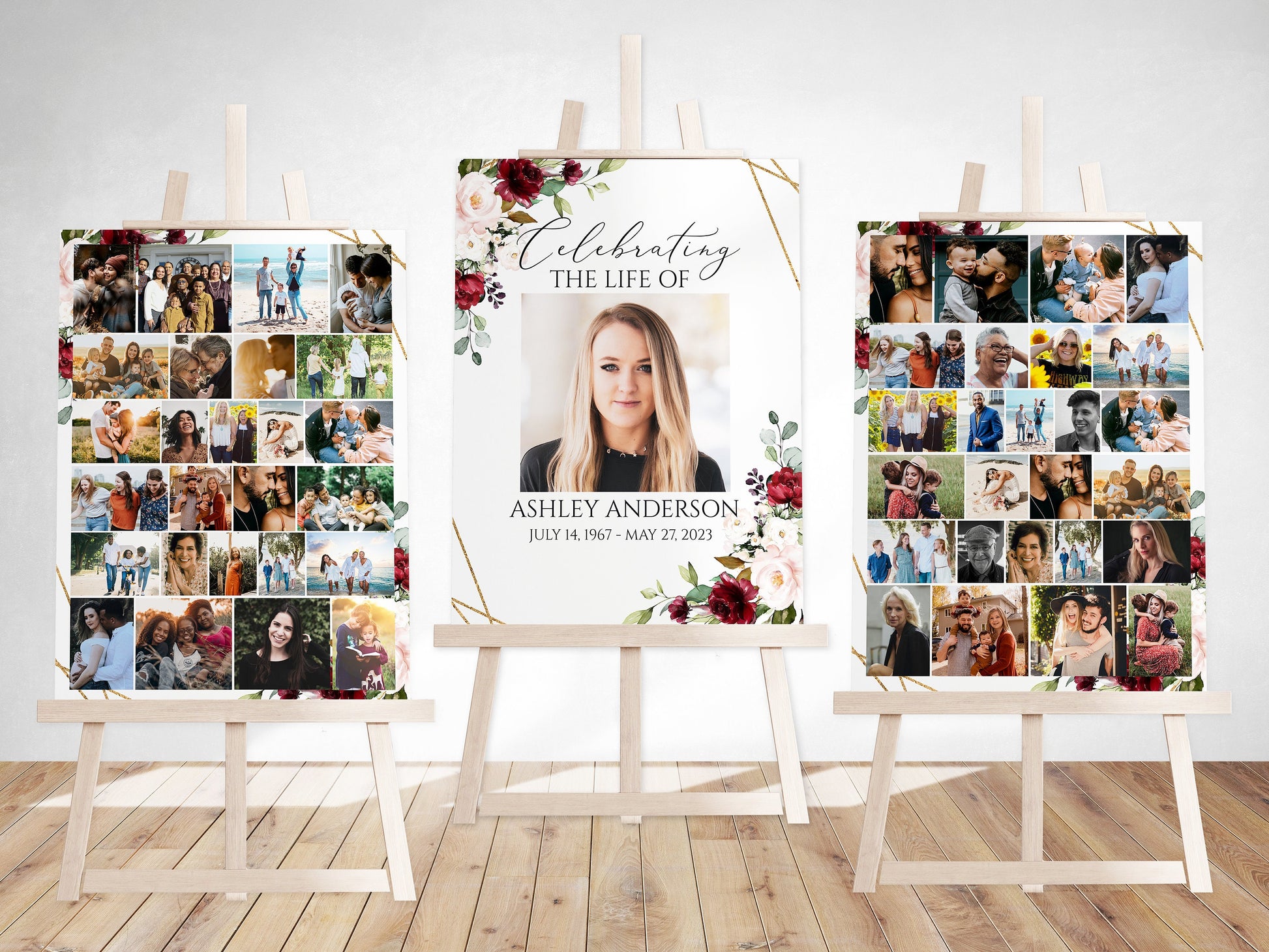 Celebration Of Life Funeral Poster Red Roses Photo Collage Funeral Welcome Sign Photo Memorial Sign Funeral Poster Photo Display Set R1