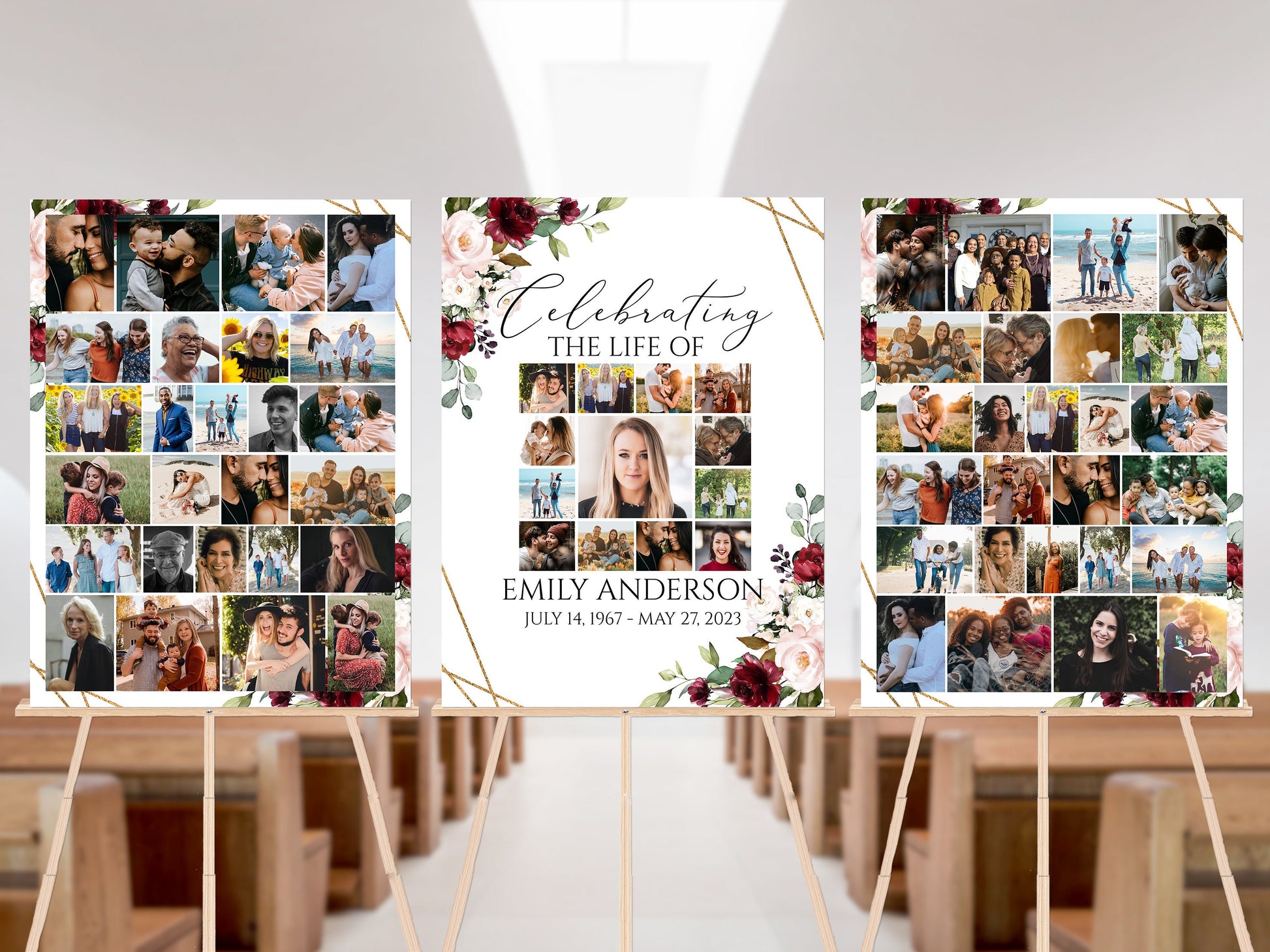 Celebration Of Life Funeral Poster, Editable Red Roses Photo Collage Funeral Sign, Photo Memorial Sign, Funeral Poster Photo Display Set R1