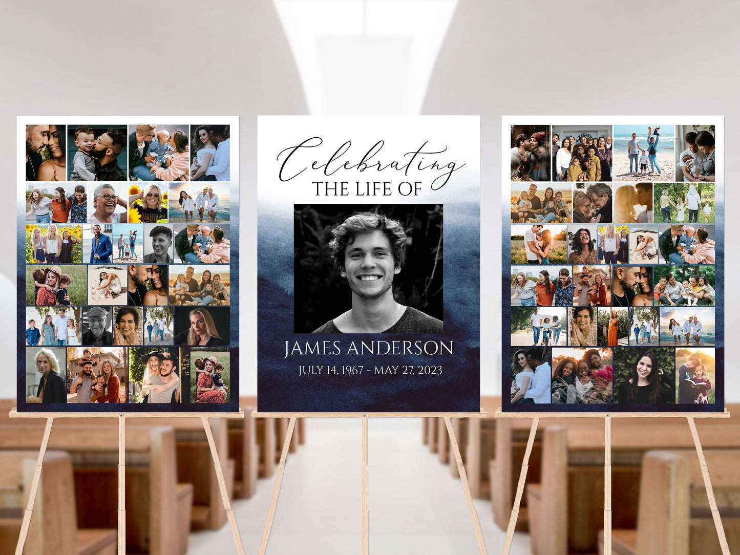 Celebration Of Life Funeral Poster Blue Watercolor Photo Collage Funeral Welcome Sign, Memorial Sign, Ocean Funeral Poster Photo Display Set B5