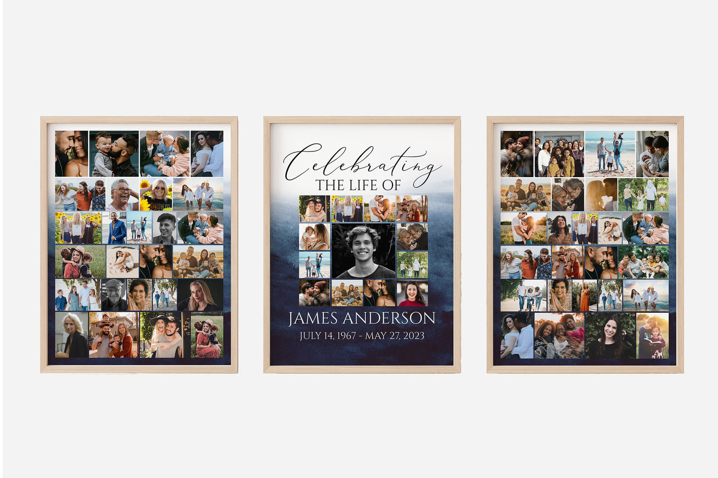 Celebration Of Life Funeral Poster, Blue Watercolor Photo Collage Funeral Sign, Photo Memorial Sign, Ocean Funeral Poster Photo Display Set B5