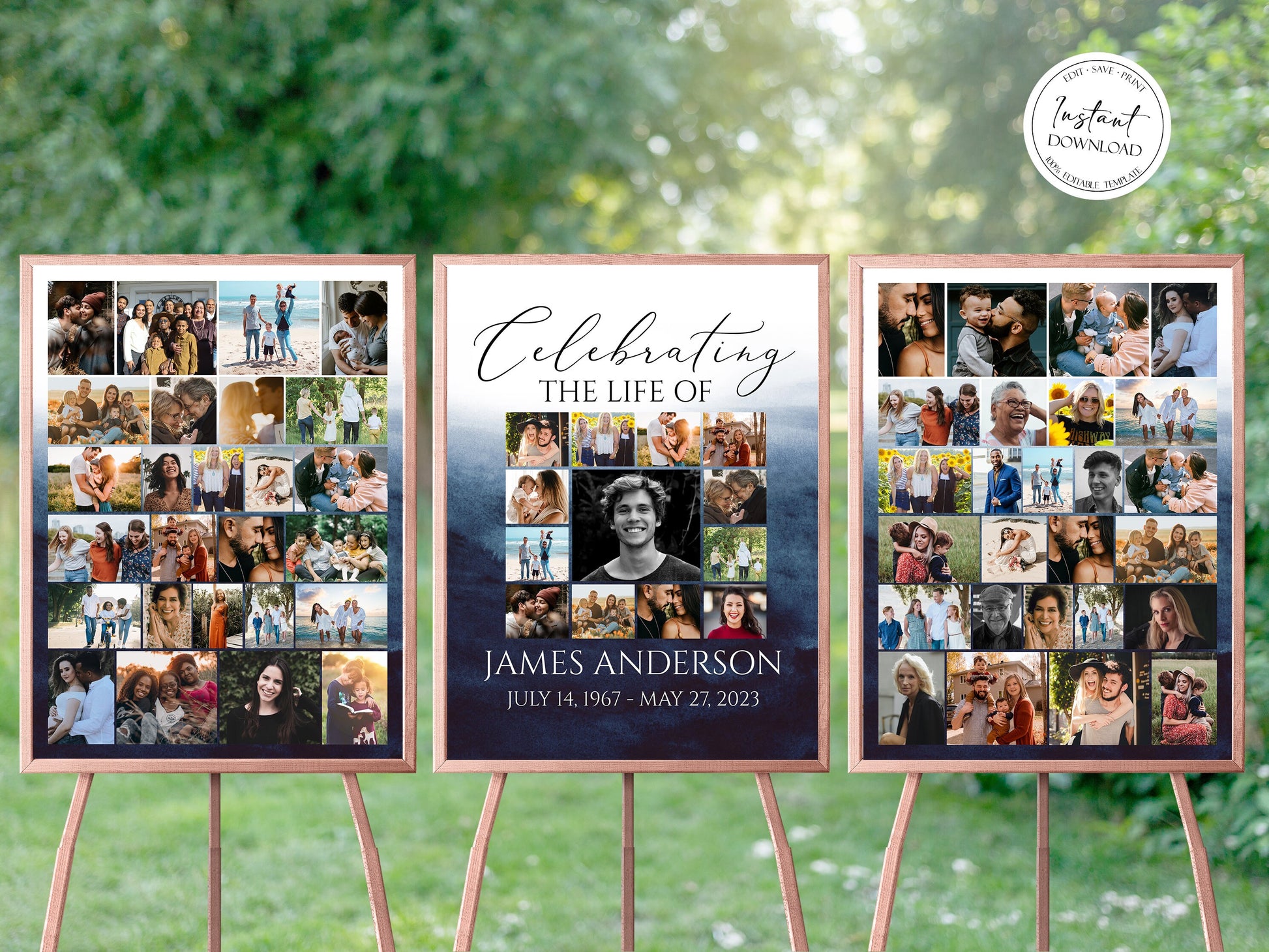 Celebration Of Life Funeral Poster, Blue Watercolor Photo Collage Funeral Sign, Photo Memorial Sign, Ocean Funeral Poster Photo Display Set B5