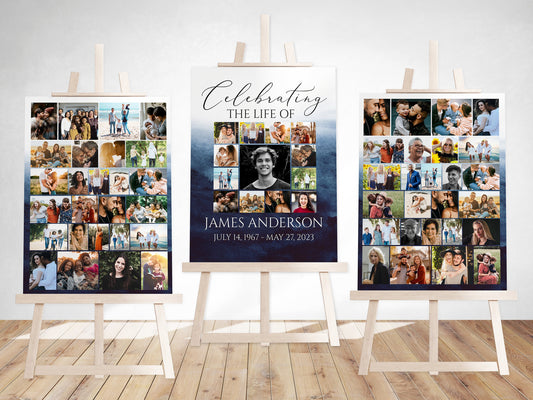 Celebration Of Life Funeral Poster, Blue Watercolor Photo Collage Funeral Sign, Photo Memorial Sign, Ocean Funeral Poster Photo Display Set B5