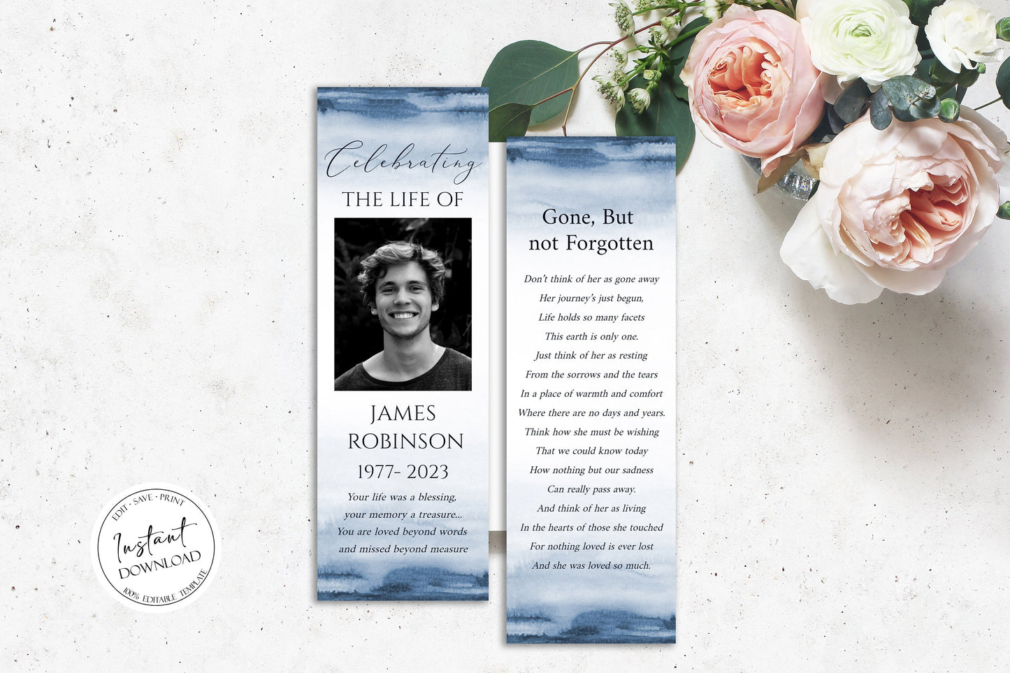 Celebration of Life Bookmark Blue Watercolor Funeral Bookmark Template Funeral Keepsake Card Boy Memorial Bookmark Blue Obituary Bookmark B4