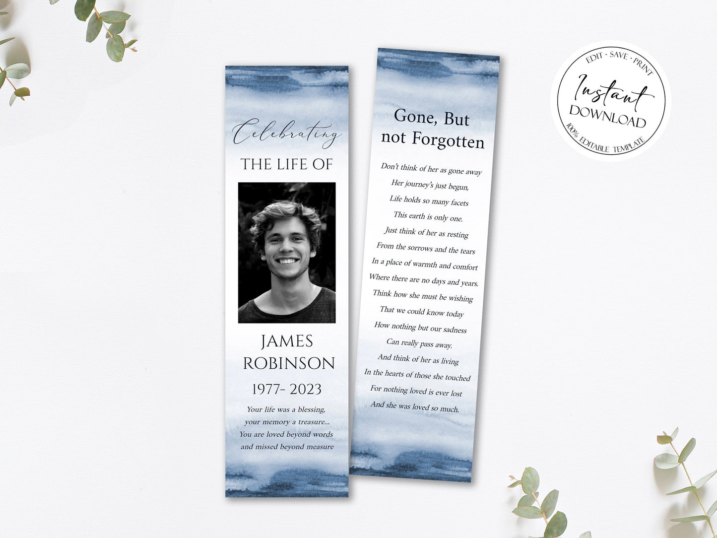 Celebration of Life Bookmark Blue Watercolor Funeral Bookmark Template Funeral Keepsake Card Boy Memorial Bookmark Blue Obituary Bookmark B4