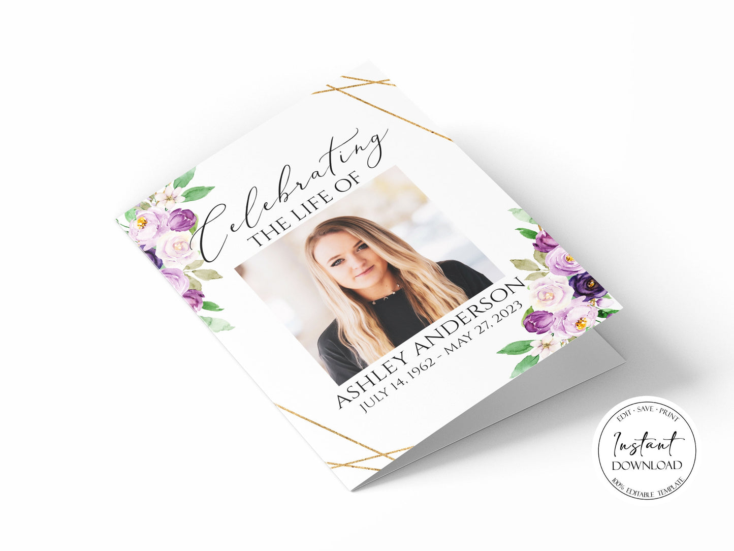 Celebration of life 8 Page Purple Floral Funeral Invitation Template P1