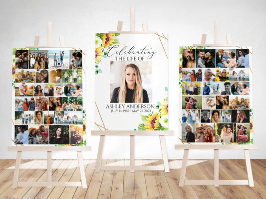 Celebration Of Life Sunflower Photo Collage Funeral Welcome Sign Templates, Sunflower Photo Memorial Sign, Sunflower Funeral Photo Display Set