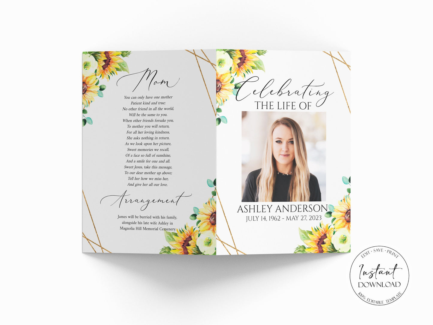 8 Page Sunflower Celebration of Life Funeral Program Template, Celebration of Life Program Yellow Floral Memorial Program Obituary Program Sunflower Funeral Mass Program