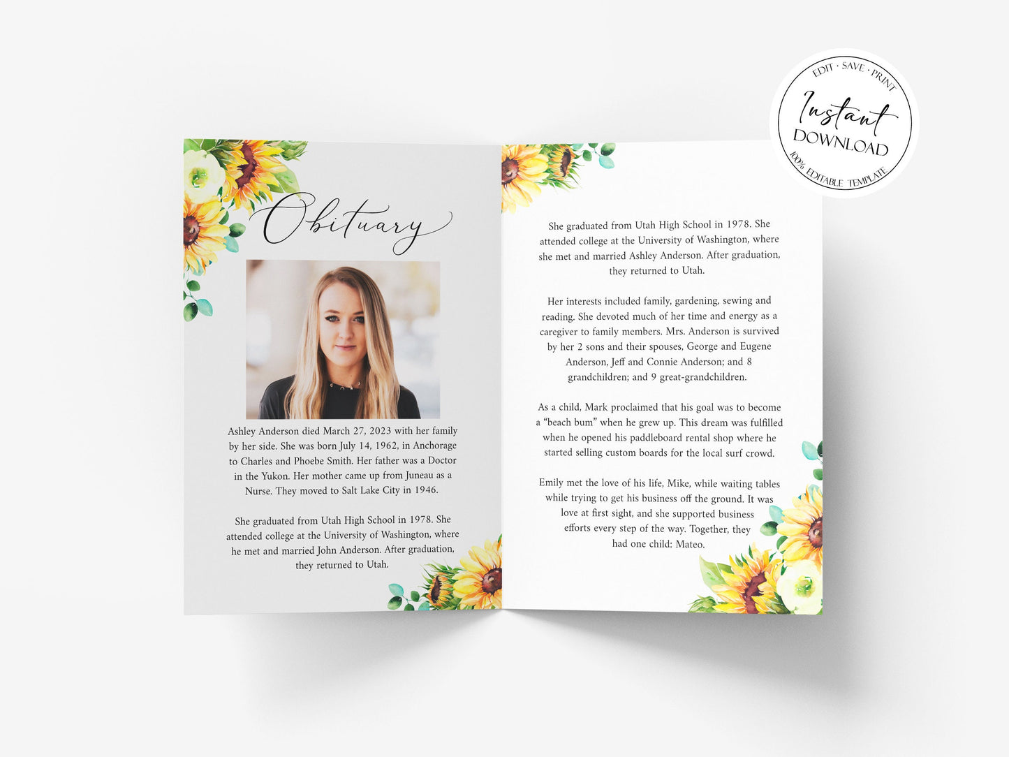 8 Page Sunflower Celebration of Life Funeral Program Template, Celebration of Life Program Yellow Floral Memorial Program Obituary Program Sunflower Funeral Mass Program