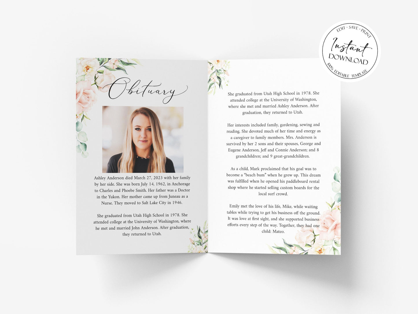 Blush Pink Roses 8 Page Funeral Program Template, Celebration of Life Program, Memorial Program, Obituary Program, Funeral Mass Program P4