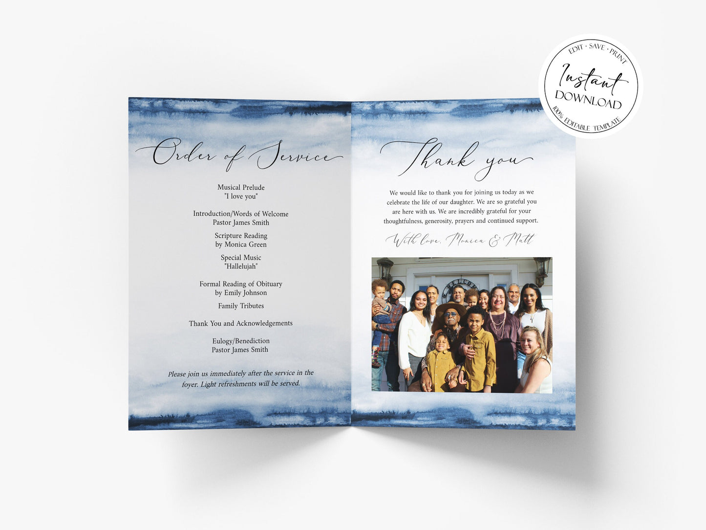 Blue Watercolor 8 Page Baby Funeral Program, Funeral Service Program, Template for Baby Child Funeral, Boy Funeral Baby Memorial Program B4