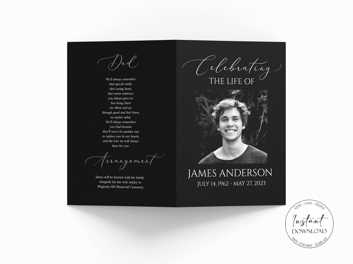 Celebration of Life Minimalist Elegant Black Funeral Program Template, Black Funeral Memorial Program, Black Funeral Program Template for man B7