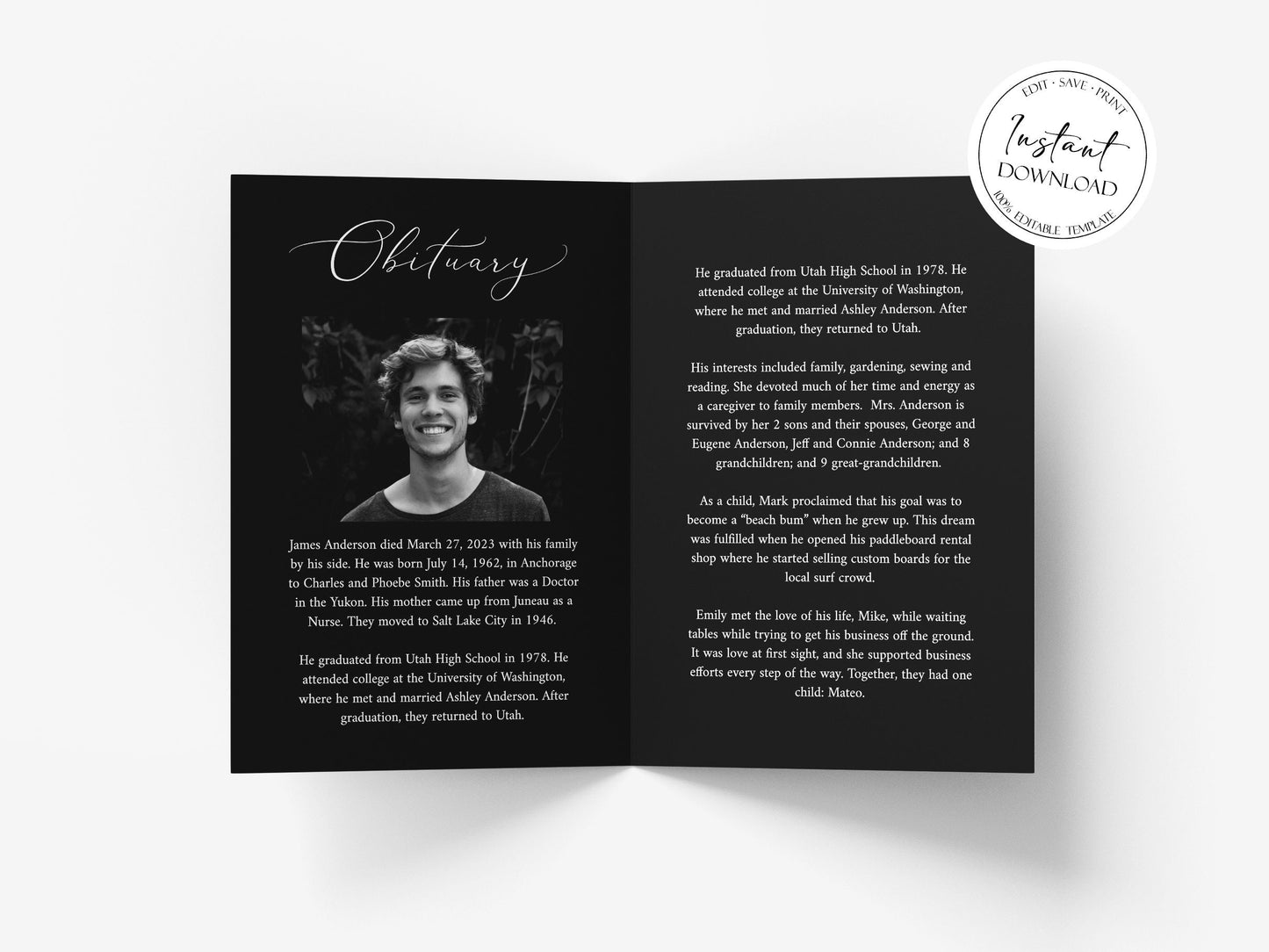 Celebration of Life 8 Page Minimalist Elegant Black Funeral Program Template, Minimalist Black Funeral Memorial Program, Obituary Program Template B7