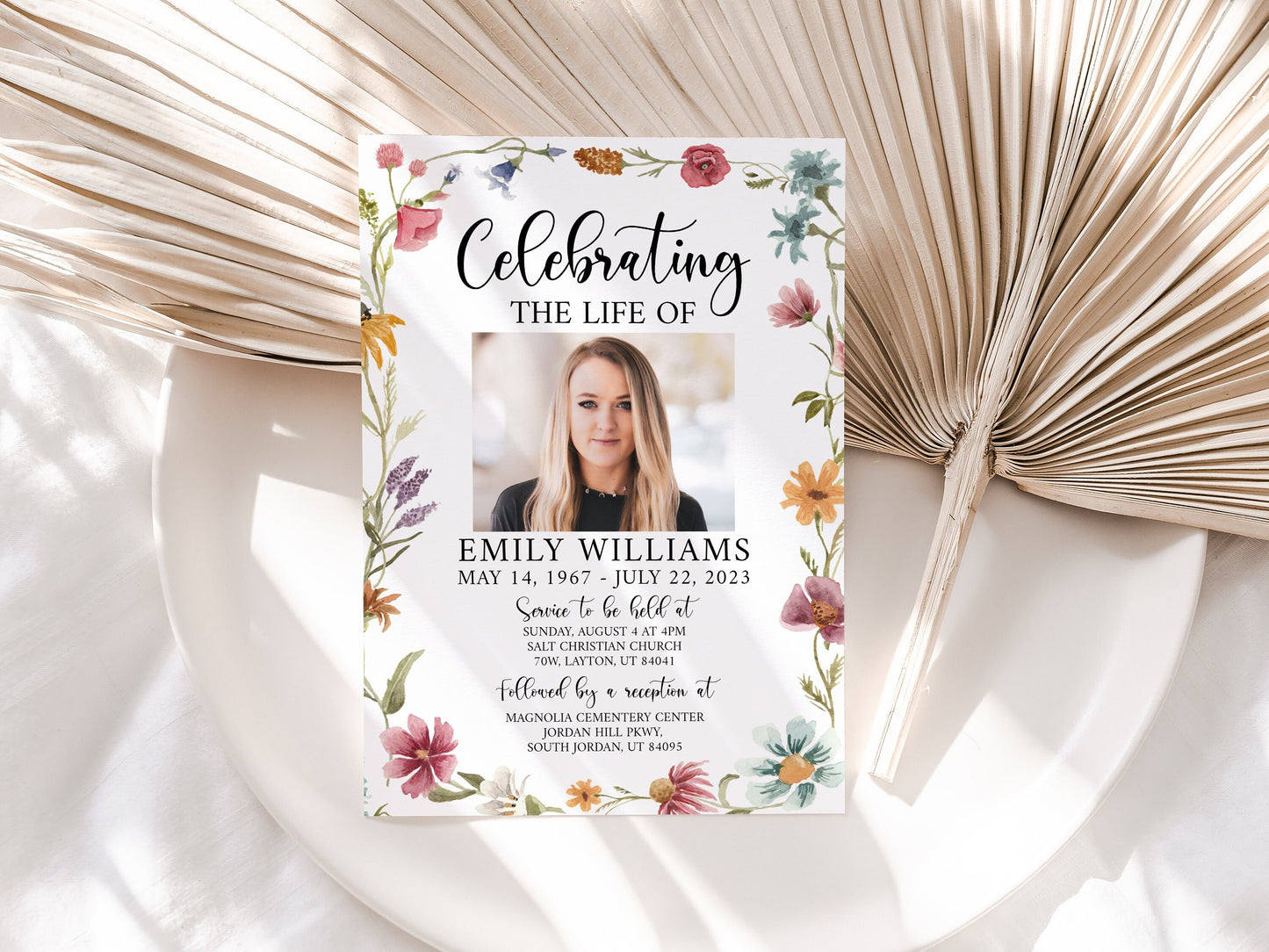 Celebration of life Red Greenery Wildflower Meadow Funeral Invitation Template Wildflower Funeral Announcement, Printable Wildflower Memorial Invite