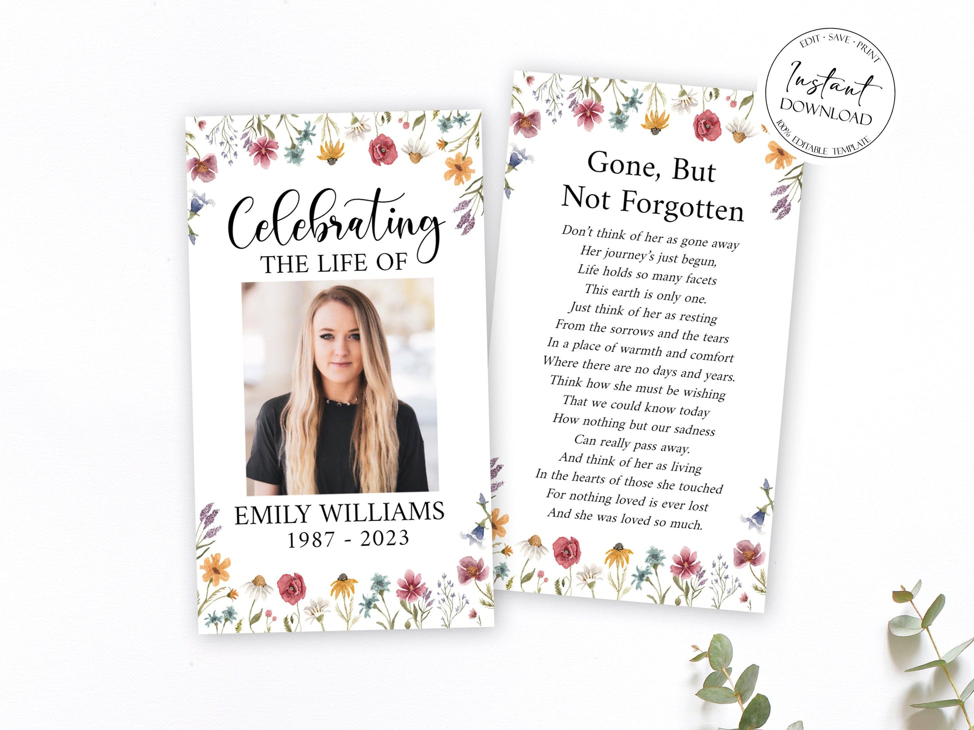 Celebration Of Life Red Greenery Wildflower Meadow Funeral Prayer Card Template, Printable Wildflower Memorial Prayer Card Template, Wildflower Catholic Mass Card