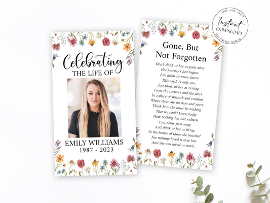 Celebration Of Life Red Greenery Wildflower Meadow Funeral Prayer Card Template, Printable Wildflower Memorial Prayer Card Template, Wildflower Catholic Mass Card