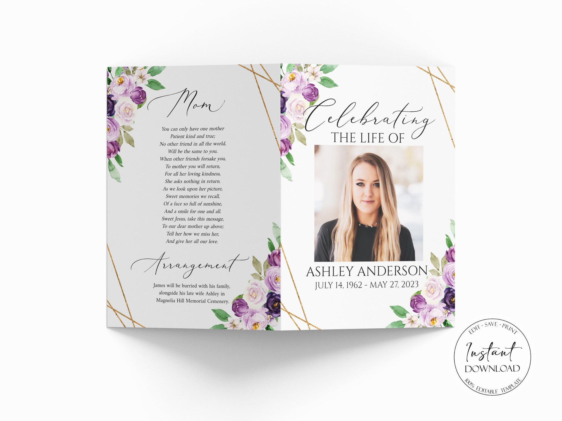 Celebration of Life Purple Funeral Program Template, Floral Purple Memorial Program, Purple Obituary Program Purple Funeral Mass Program P1