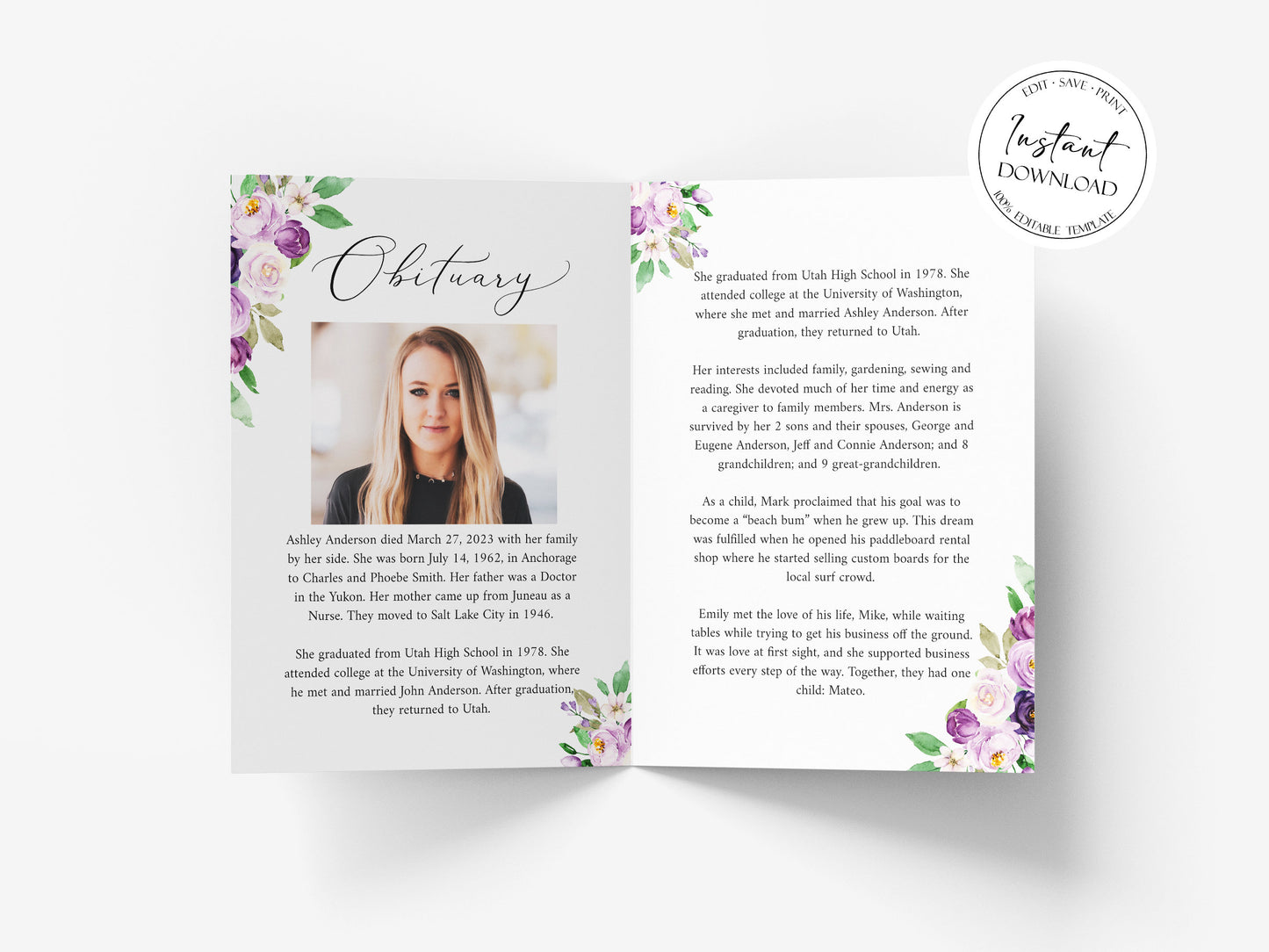 Celebration of life 8 Page Purple Floral Funeral Invitation Template P1