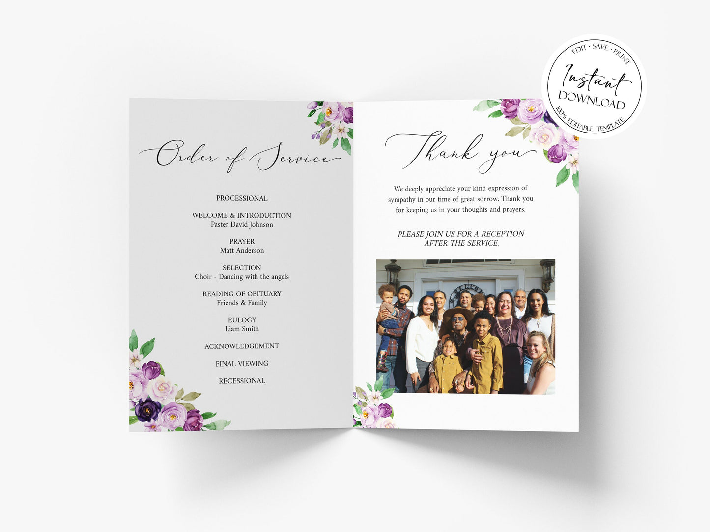 Celebration of life 8 Page Purple Floral Funeral Invitation Template P1