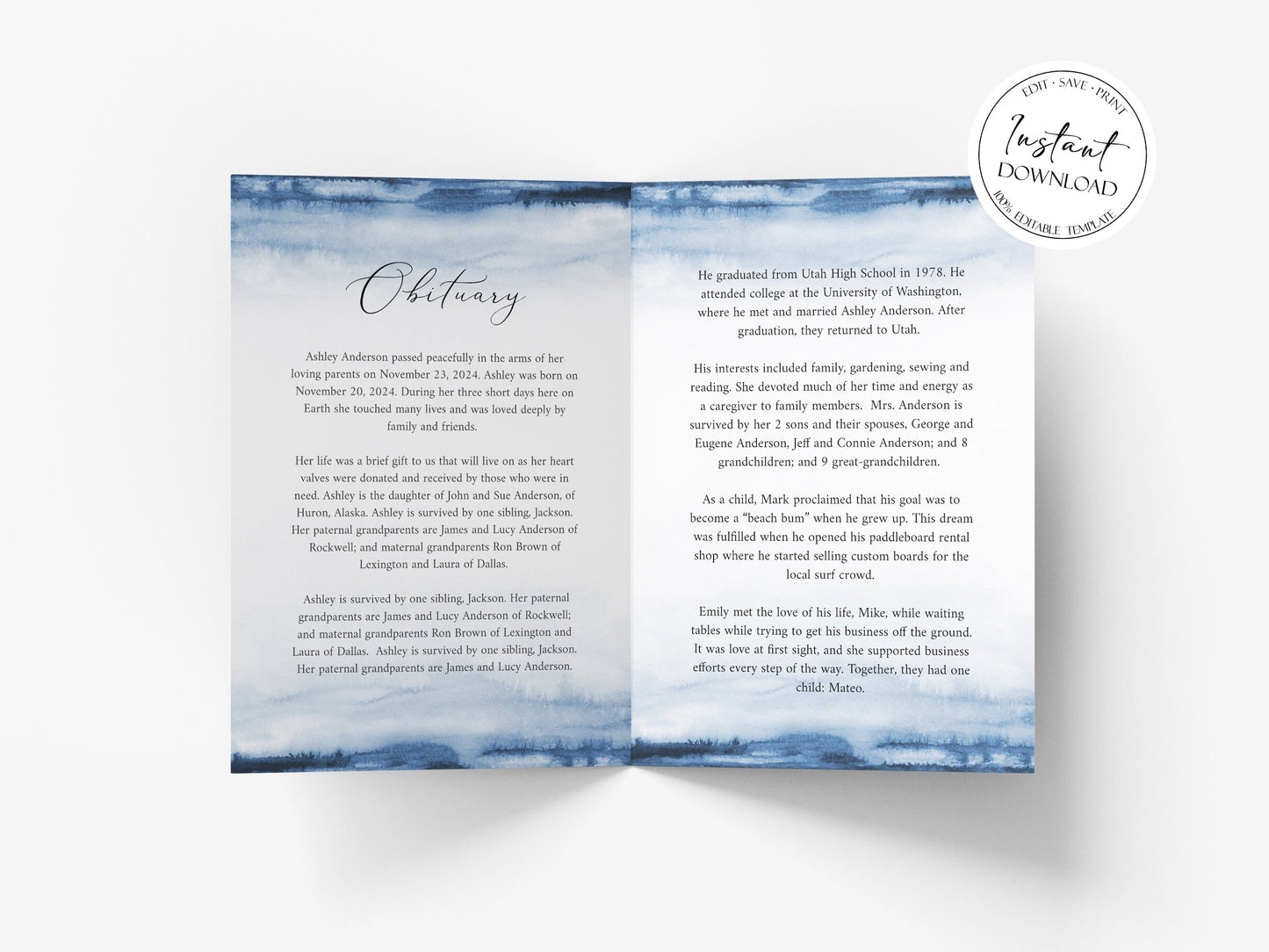 Blue Watercolor 8 Page Baby Funeral Program, Funeral Service Program, Template for Baby Child Funeral, Boy Funeral Baby Memorial Program B4