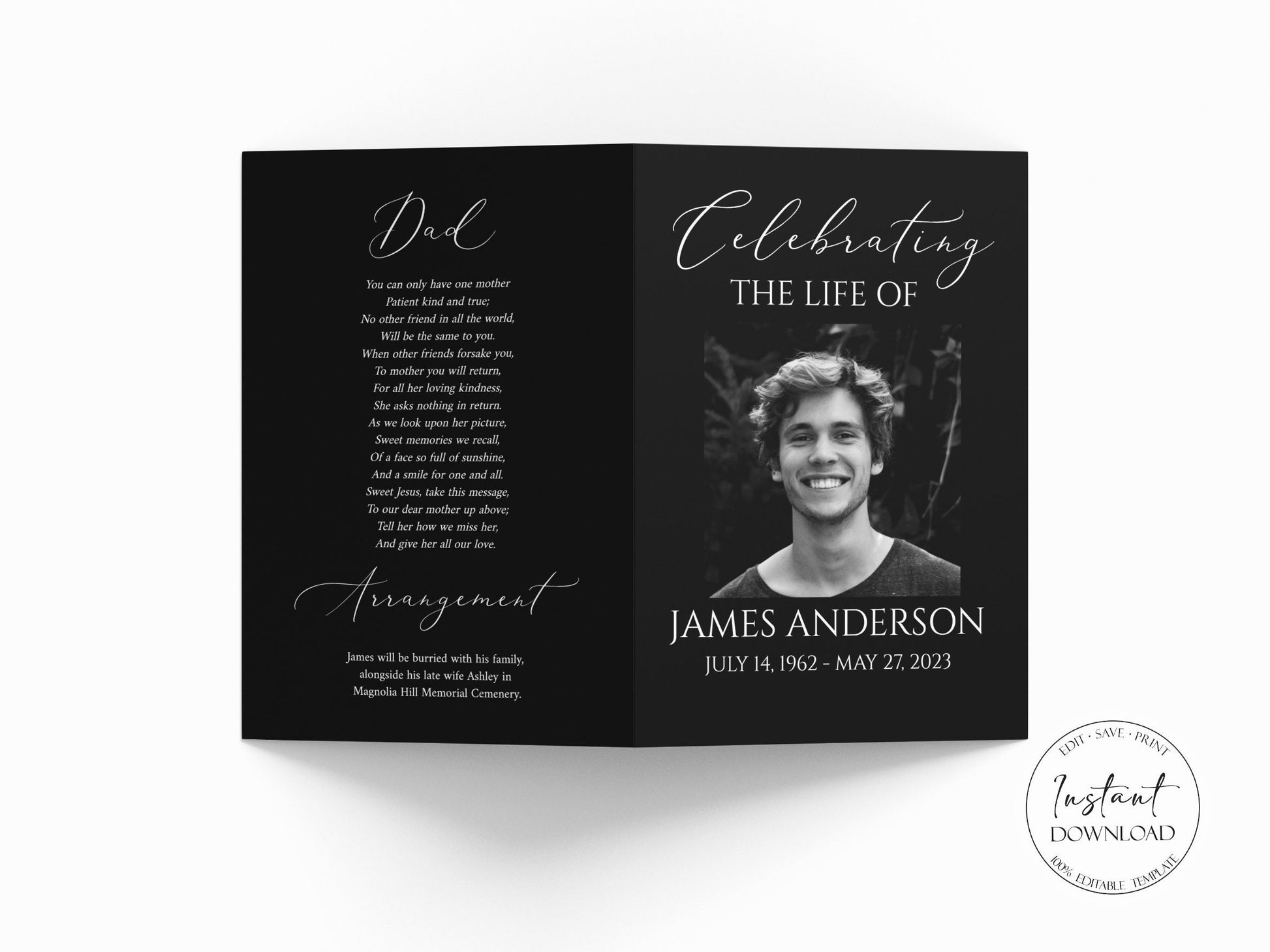 Celebration of Life 8 Page Minimalist Elegant Black Funeral Program Template, Minimalist Black Funeral Memorial Program, Obituary Program Template B7