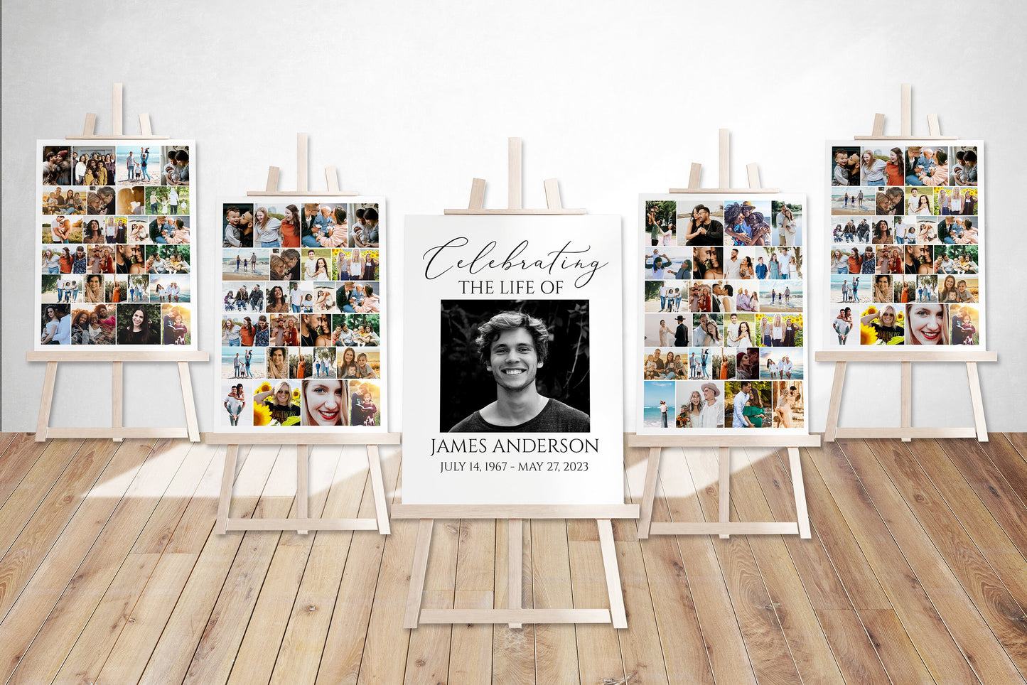 Celebration Of Life Funeral Poster, Editable 5 Photo Collage Funeral Welcome Signs, Memorial Sign Funeral Poster Photo Display Set of 5 S1