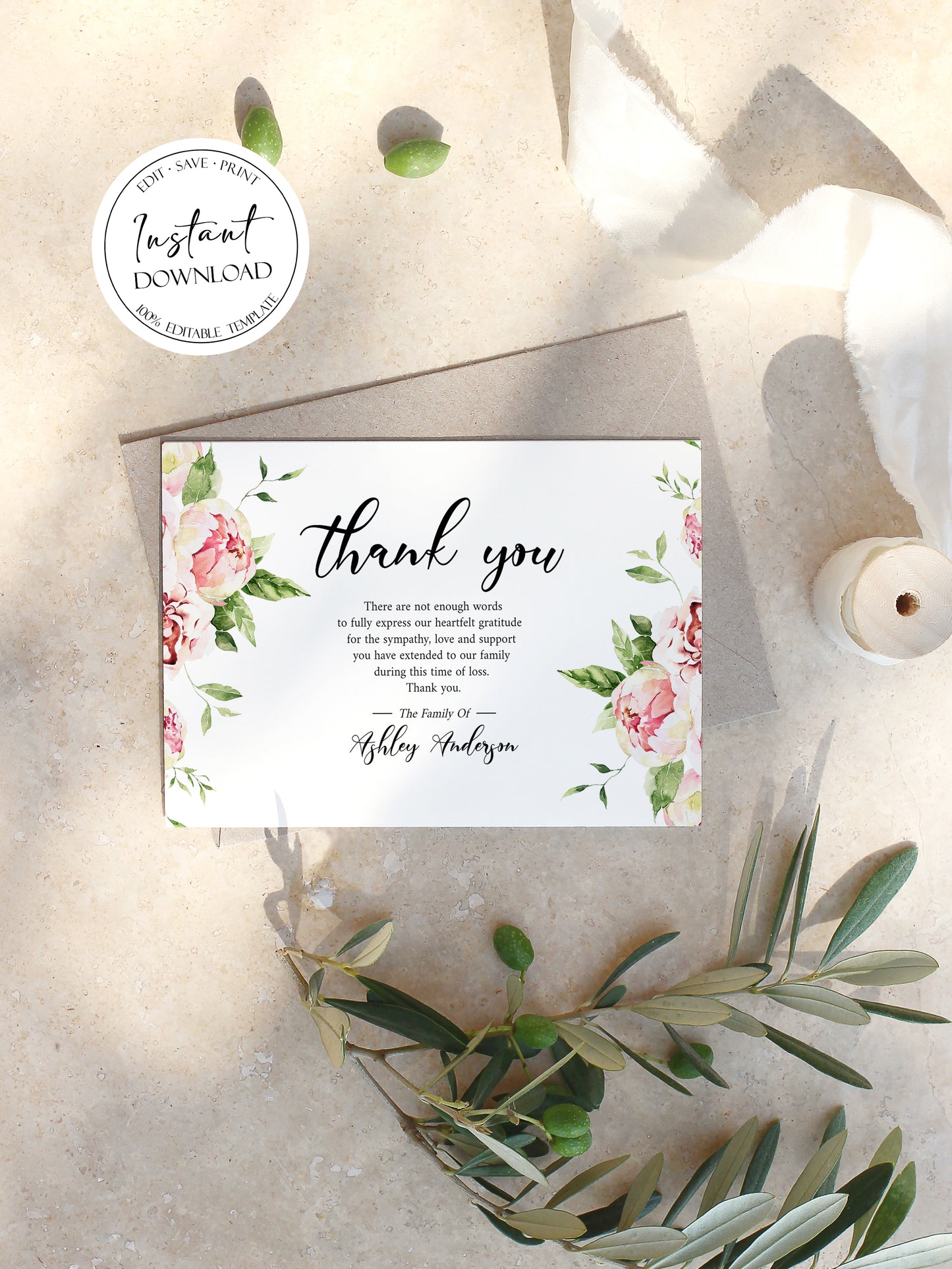 Celebration of life Blush Pink Peony Greenery Funeral Thank You Card Template  Memorial Card, Printable Thank You Card Template, Editable Sympathy Card P5