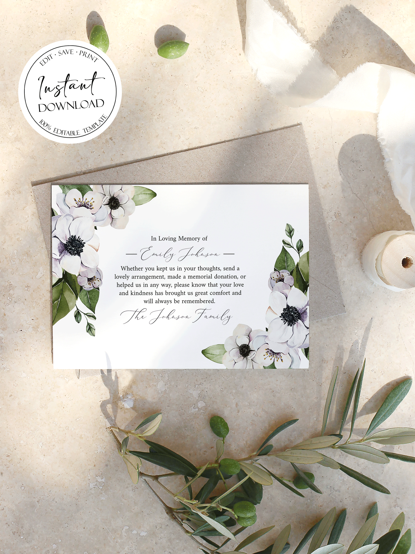 Celebration of life Purple Floral Greenery Funeral Thank You Card Template, Memorial Card, Printable Thank You Card Template, Editable Sympathy Card, Condolence thank you