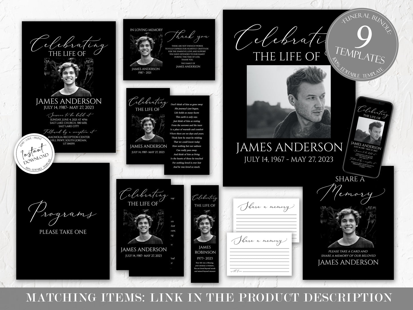 Celebration of Life Minimalist Elegant Black Funeral Prayer Card Template, Printable Memorial Prayer Card, Catholic Mass Card, Black Obituary Card B7