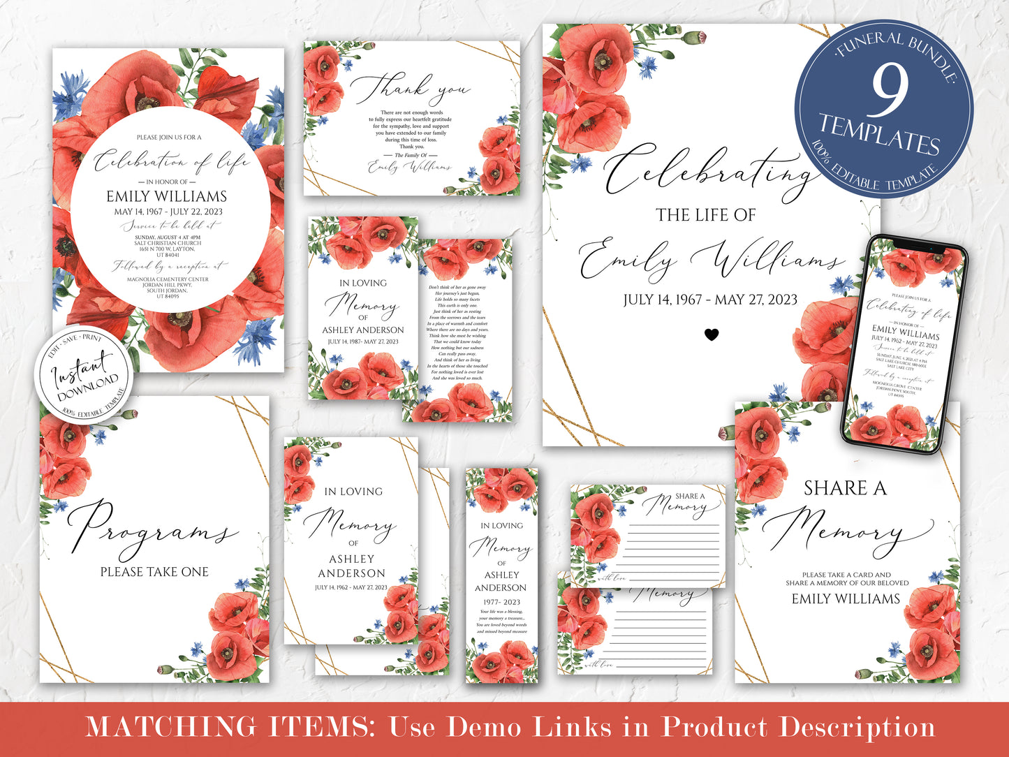 Celebration of life Red Poppies Greenery Funeral Thank You Card Template, Celebration of life Printable Red Poppies Funeral Thank You Cards Red Poppies Sympathy Card