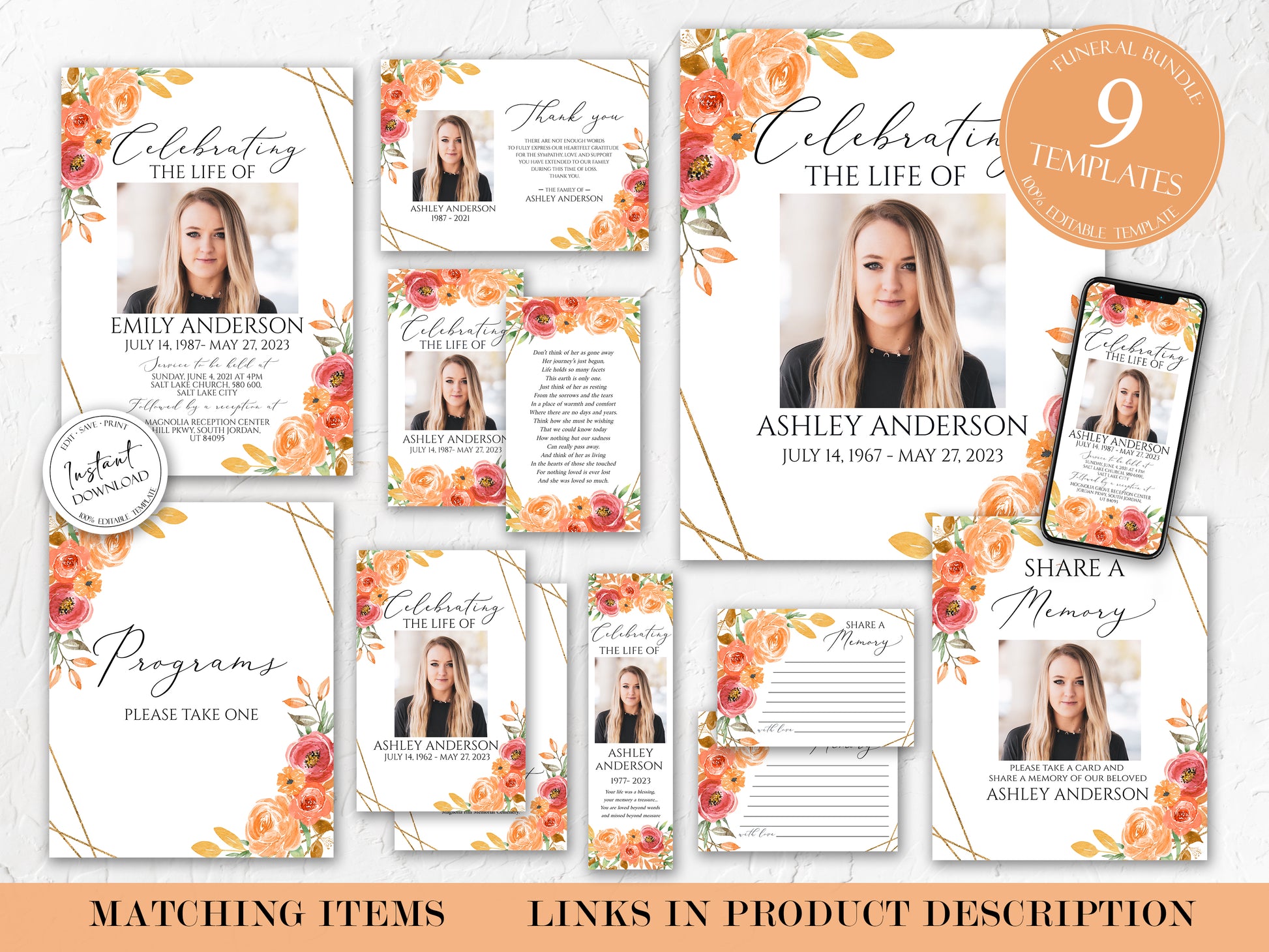 Editable Celebration of life Orange Floral Gold Fall Funeral Prayer Cards Template, Printable Fall Memorial Prayer Card, Autumn Funeral Prayer Card, Orange Catholic Card 