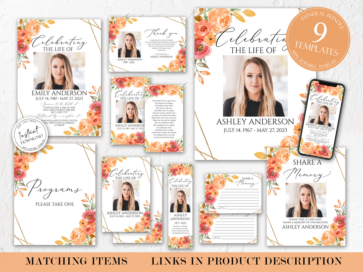 Orange Floral Gold Fall Share a Memory Funeral Sign and Share a Memory Card Template, Fall Funeral Memory Card,  Autumn Funeral share a memory Fall Funeral ň