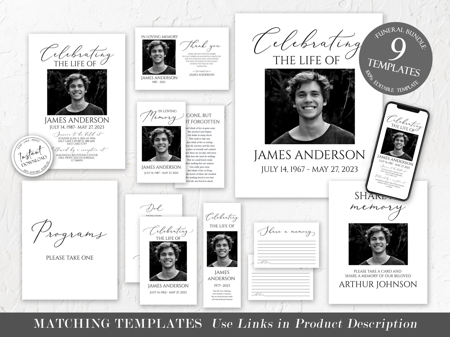 Celebration Of Life Funeral Poster, Editable 5 Photo Collage Funeral Welcome Signs, Memorial Sign Funeral Poster Photo Display Set of 5 S1