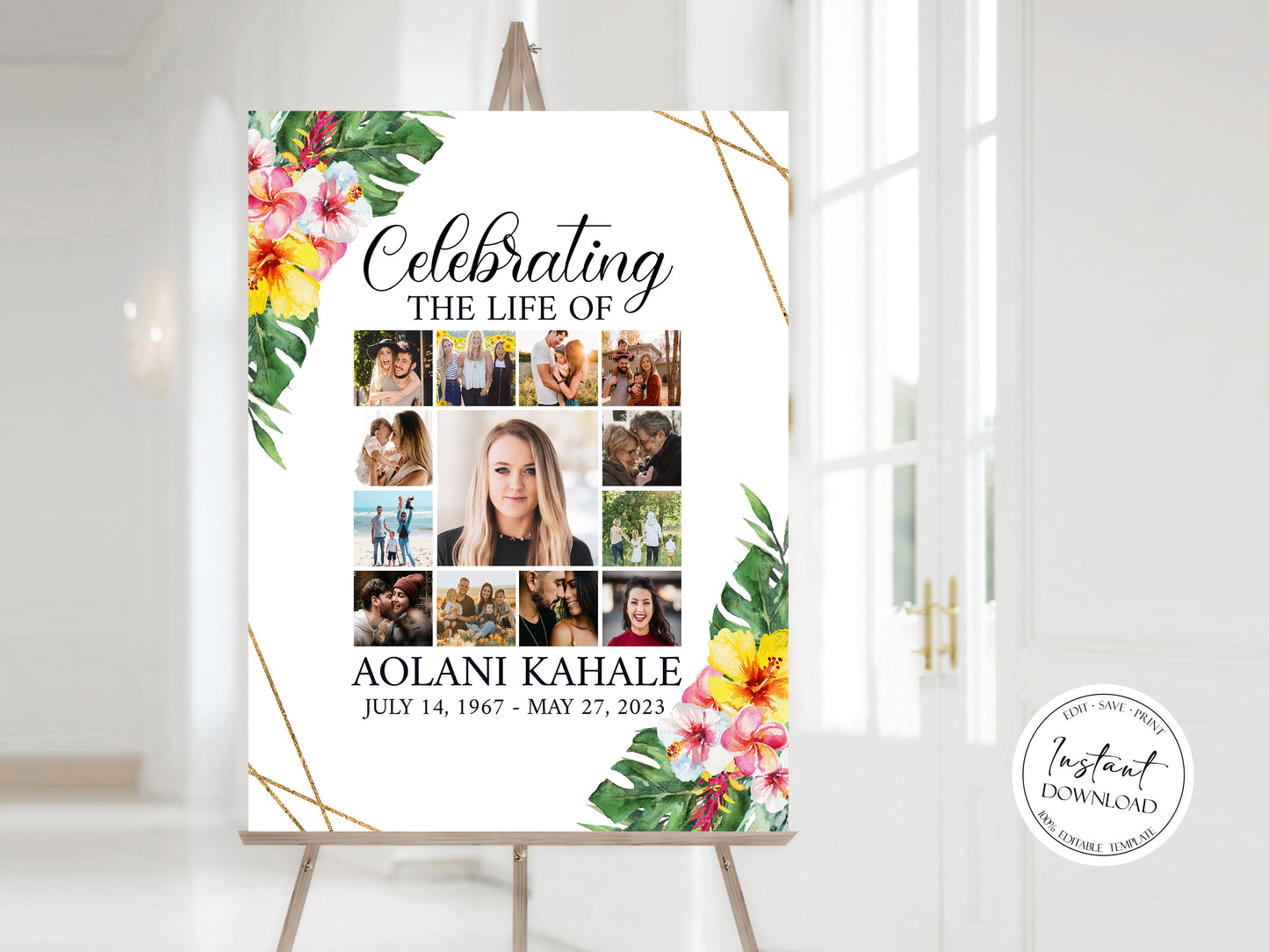 Celebration Of Life Tropical Hawaiian Plumeria Photo Collage Funeral Welcome Sign Template, Hawaiian Photo Collage Funeral Poster H1