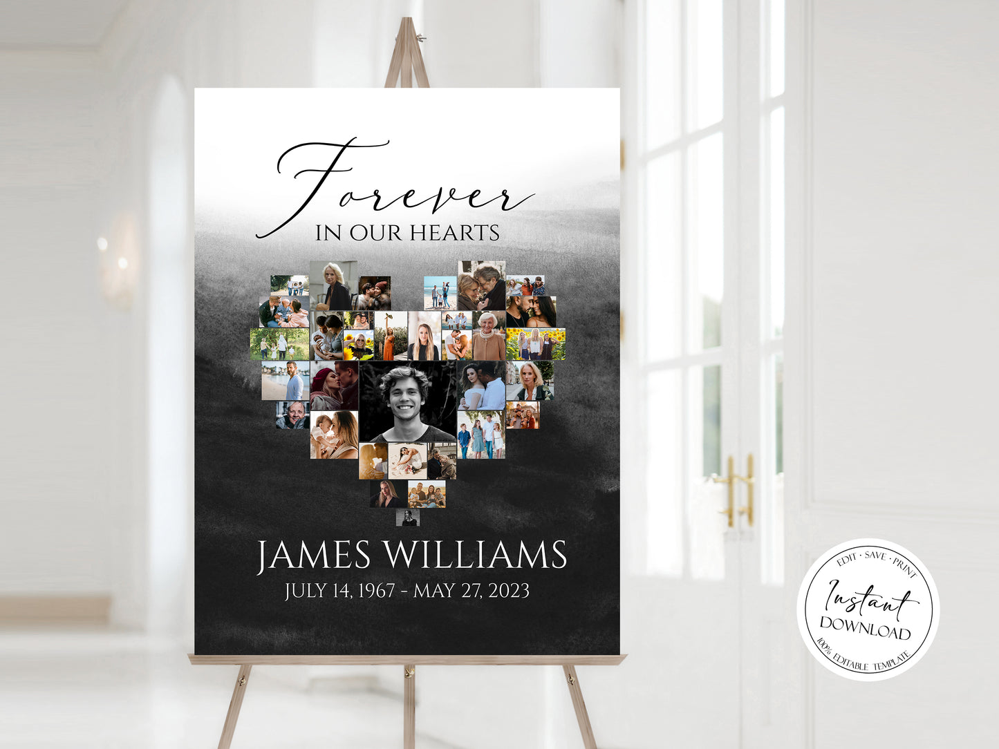 Forever in our Hearts Black Watercolor Heart Photo Collage Funeral Welcome Sign Template, Black Watercolor Heart Funeral Photo Collage Poster, Heart Memorial Sign