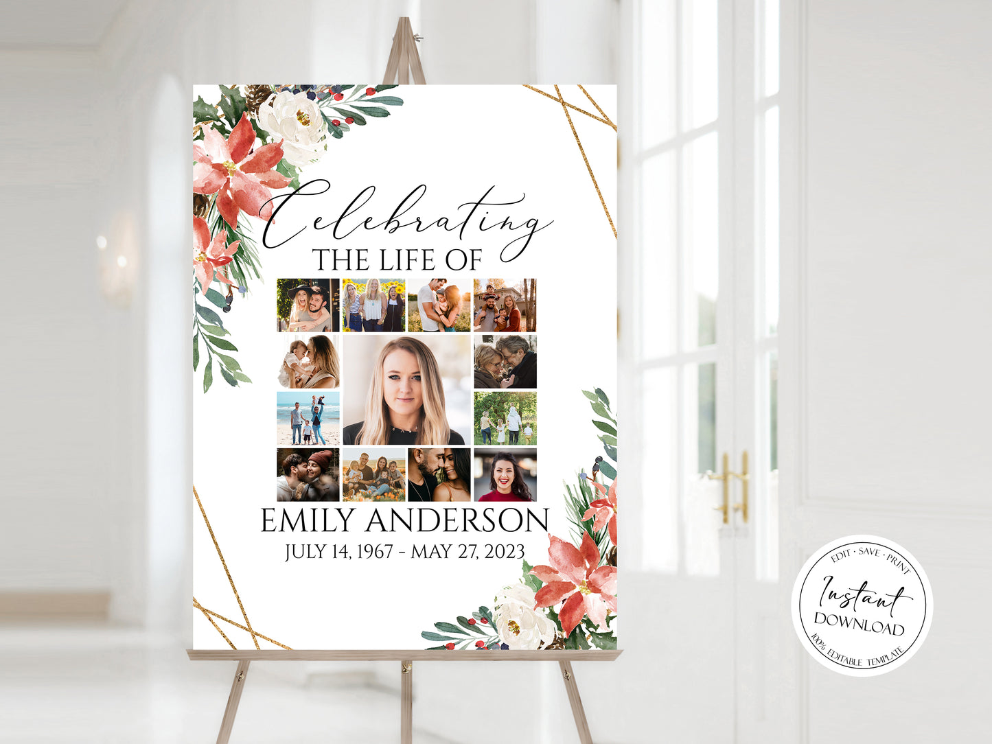 Celebration Of Life Christmas Winter Red Greenery Gold Photo Collage Funeral Welcome Sign Template W1