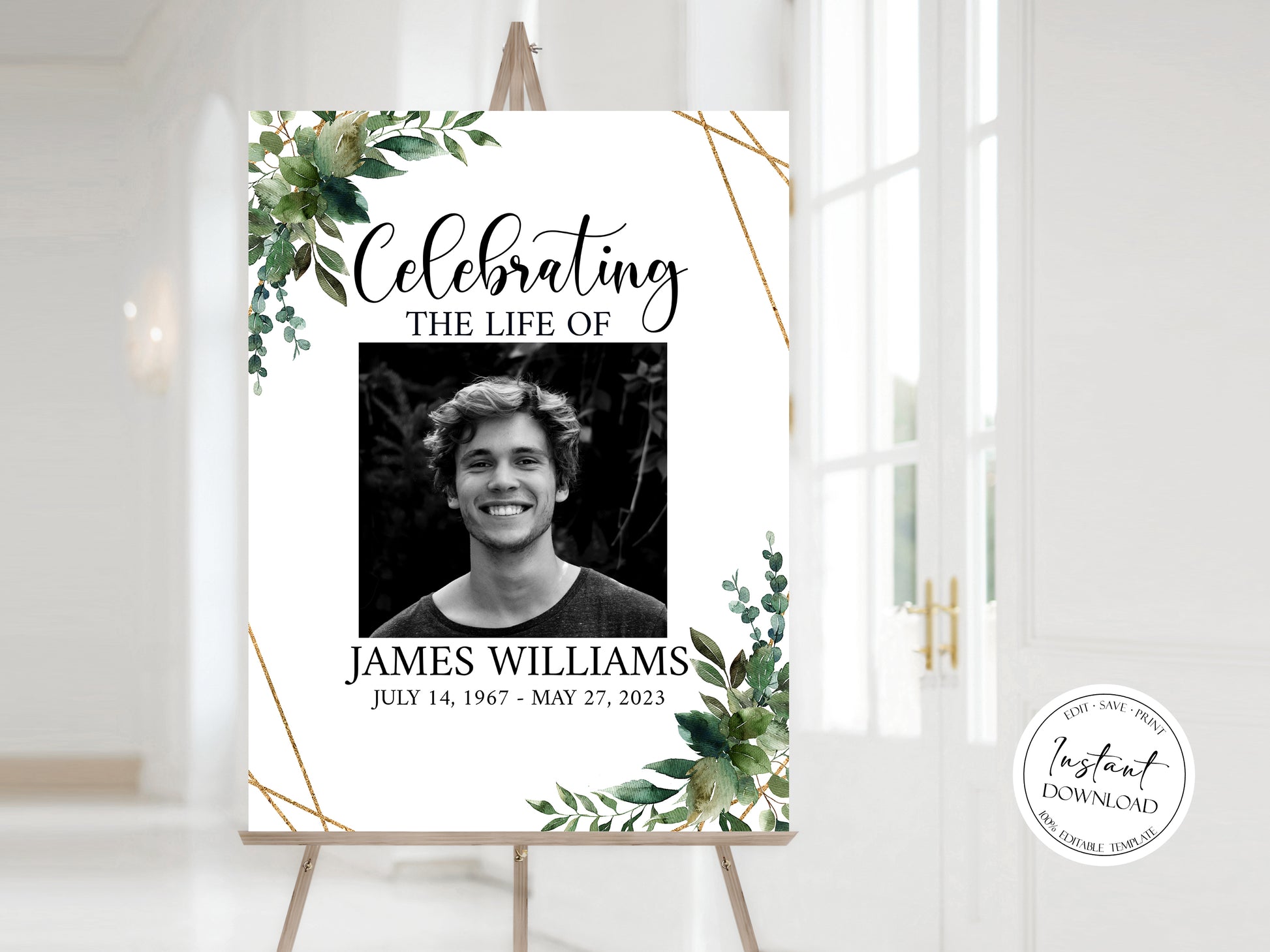 Celebration Of Life Watercolor Greenery Gold Funeral Welcome Sign Template, In Loving Memory Welcome Sign, Obituary Memorial Sign Funeral Welcome Poster Q1