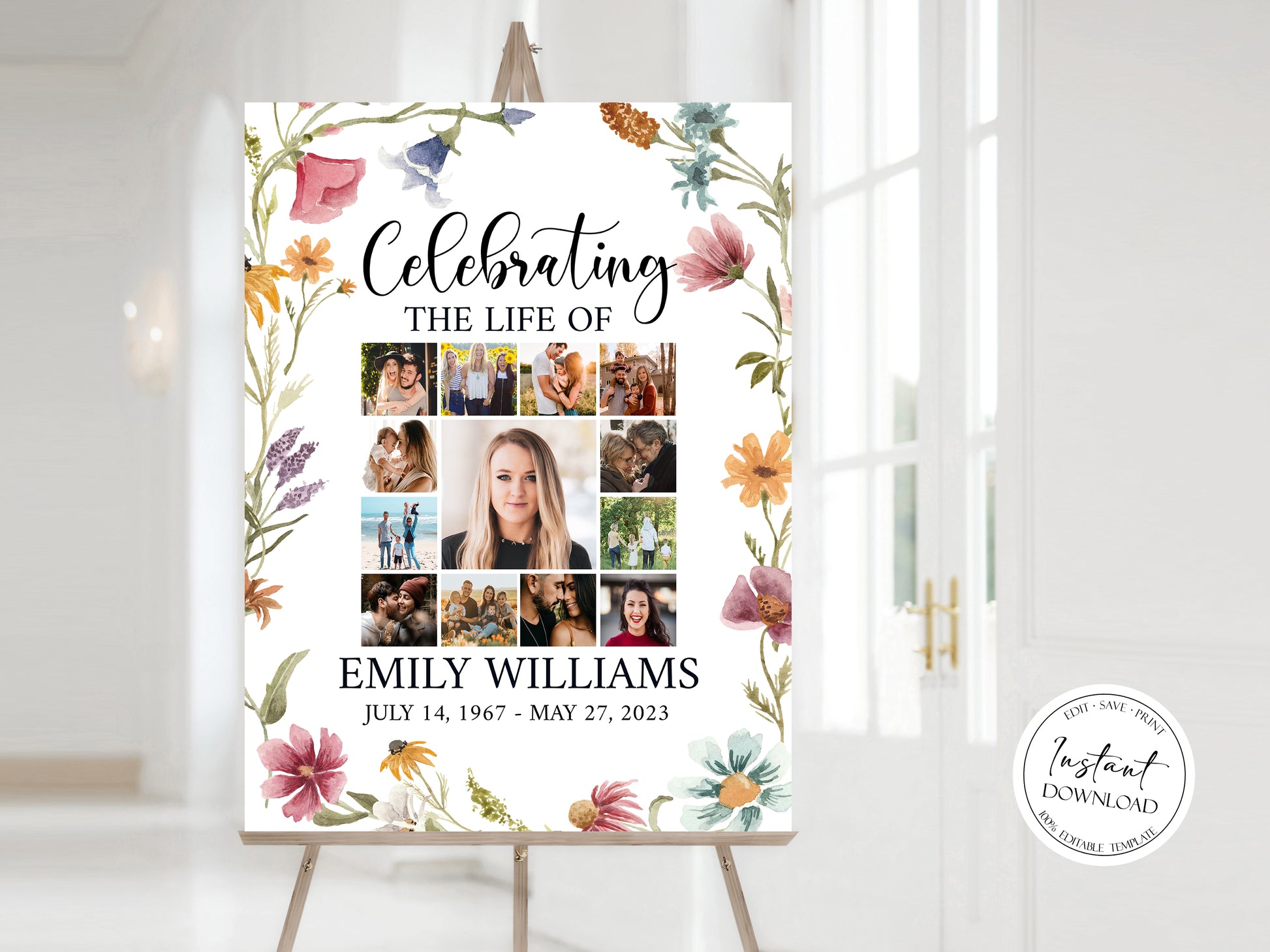 Celebration Of Life Red Greenery Wildflower Meadow Photo Collage Funeral Welcome Sign Template, Wildflower Photo Collage Funeral Poster, Photo Collage Memorial Sign