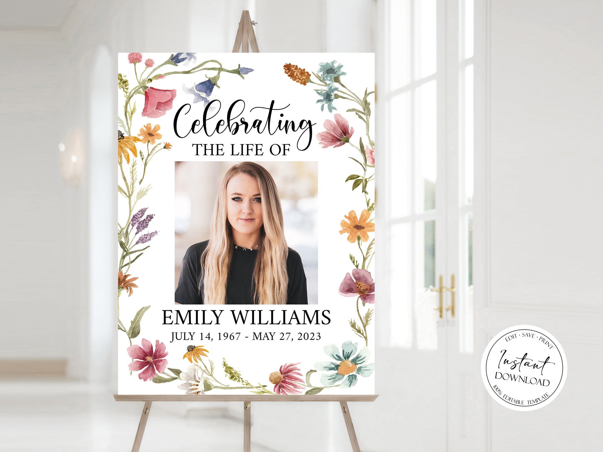 Celebration Of Life Red Greenery Wildflower Meadow Funeral Welcome Sign Template, In Loving Memory Welcome Sign, Wildflower Meadow Memorial Sign