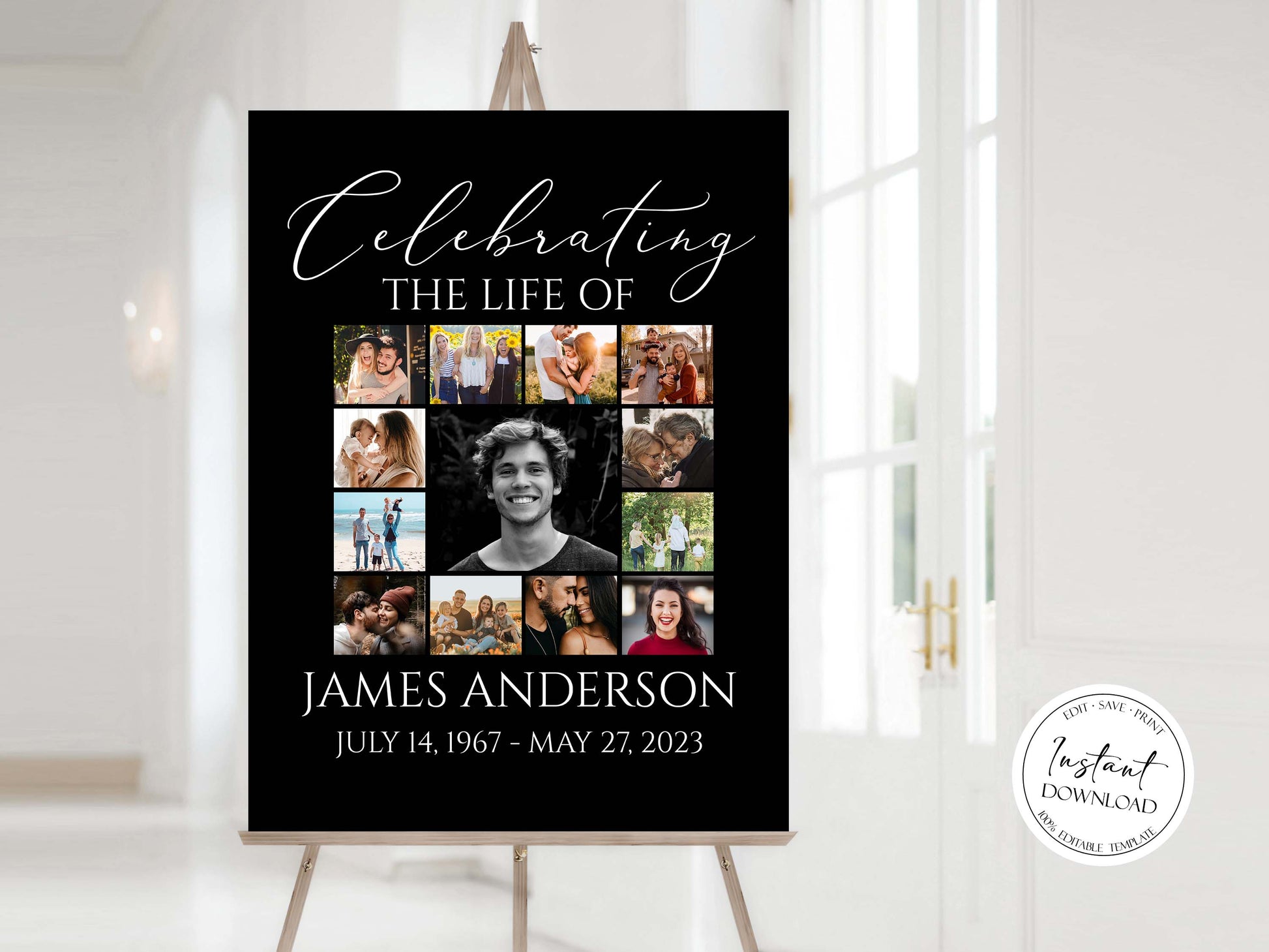 Celebration Of Life Minimalist Elegant Black Photo Collage Funeral Welcome Sign Template, Editable Simple Collage Funeral Poster, Photo Collage Memorial Service Sign