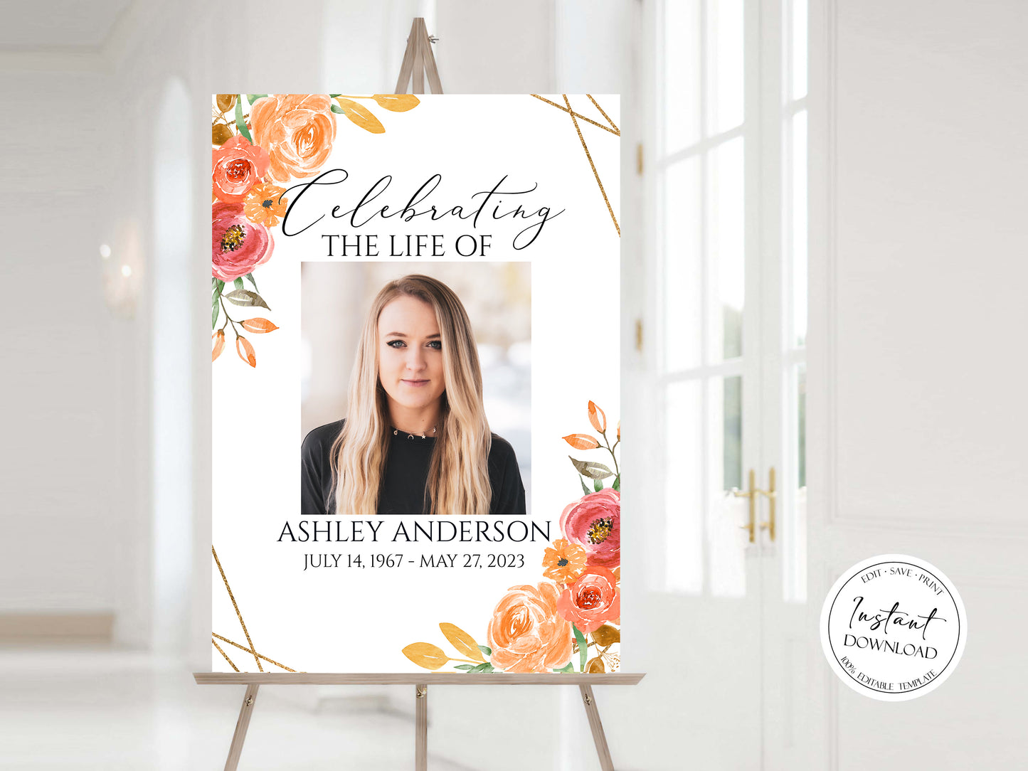 Celebration Of Life Orange Floral Gold Fall Funeral Welcome Sign Template, Fall Funeral Welcome Sign, Orange Fall Memorial Sign, Autumn Funeral Welcome Sign