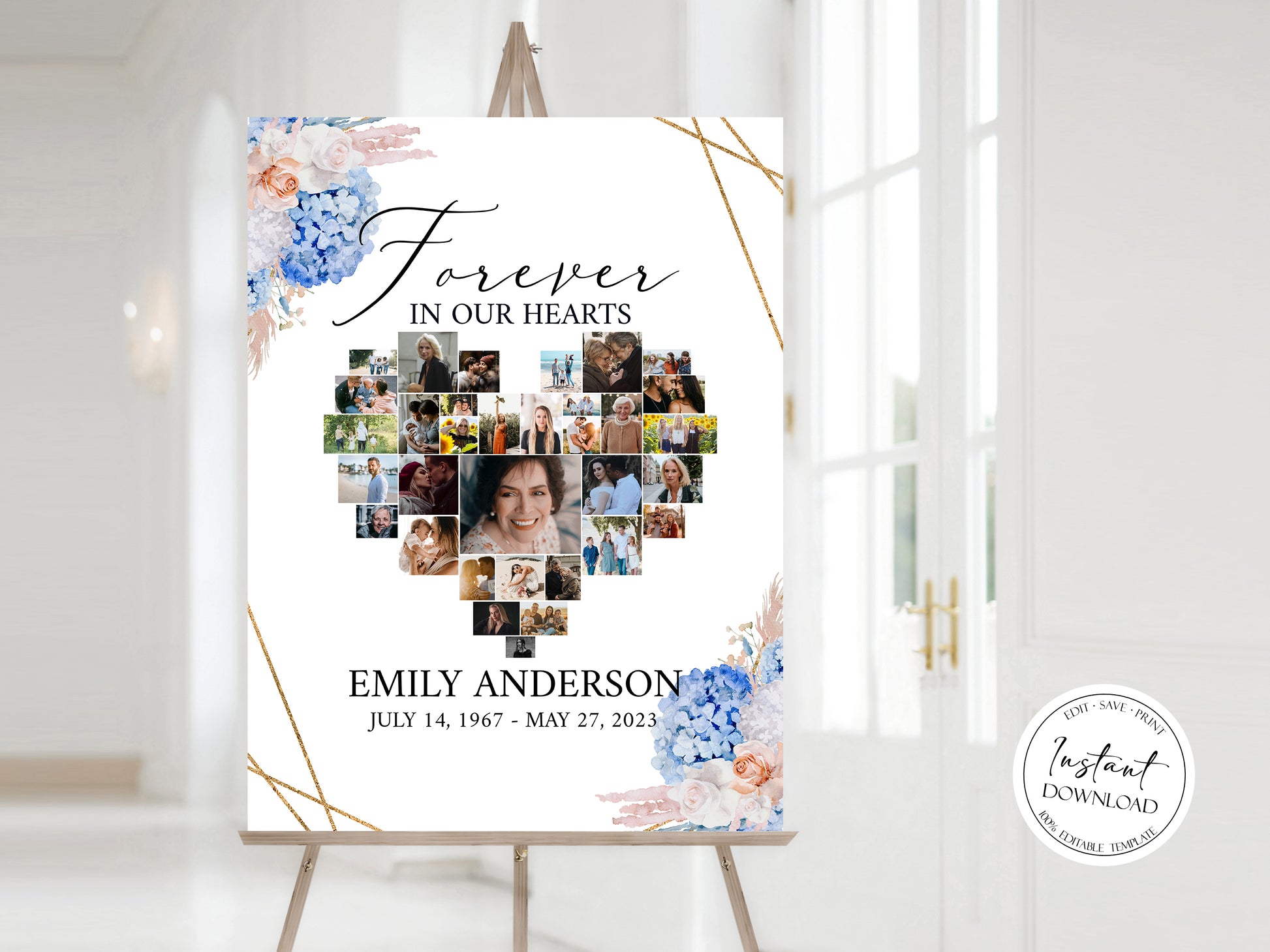 Forever in our Heart Blush Roses White Blue Hydrangea Heart Photo Collage Funeral Welcome Sign Template, Heart Memorial Photo Collage Poster Memory Sign O1