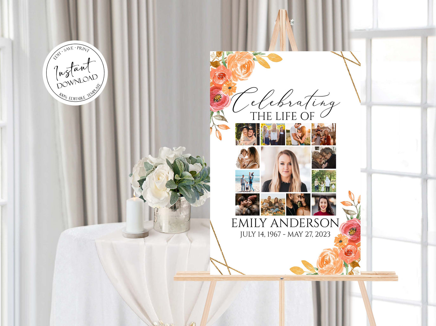 Celebration Of Life Orange Floral Gold Fall Photo Collage Funeral Welcome Sign Template, Fall Photo Collage Funeral Poster, Autumn Photo Collage Memorial Sign 