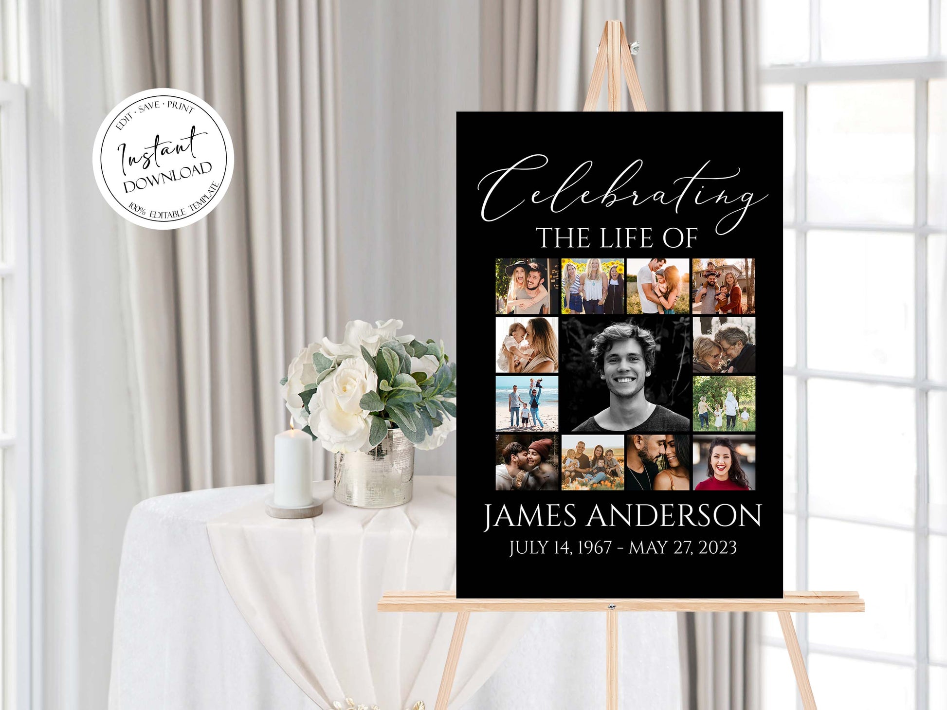 Celebration Of Life Minimalist Elegant Black Photo Collage Funeral Welcome Sign Template, Editable Simple Collage Funeral Poster, Photo Collage Memorial Service Sign