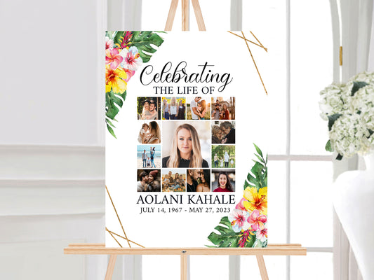 Celebration Of Life Tropical Hawaiian Plumeria Photo Collage Funeral Welcome Sign Template, Hawaiian Photo Collage Funeral Poster H1