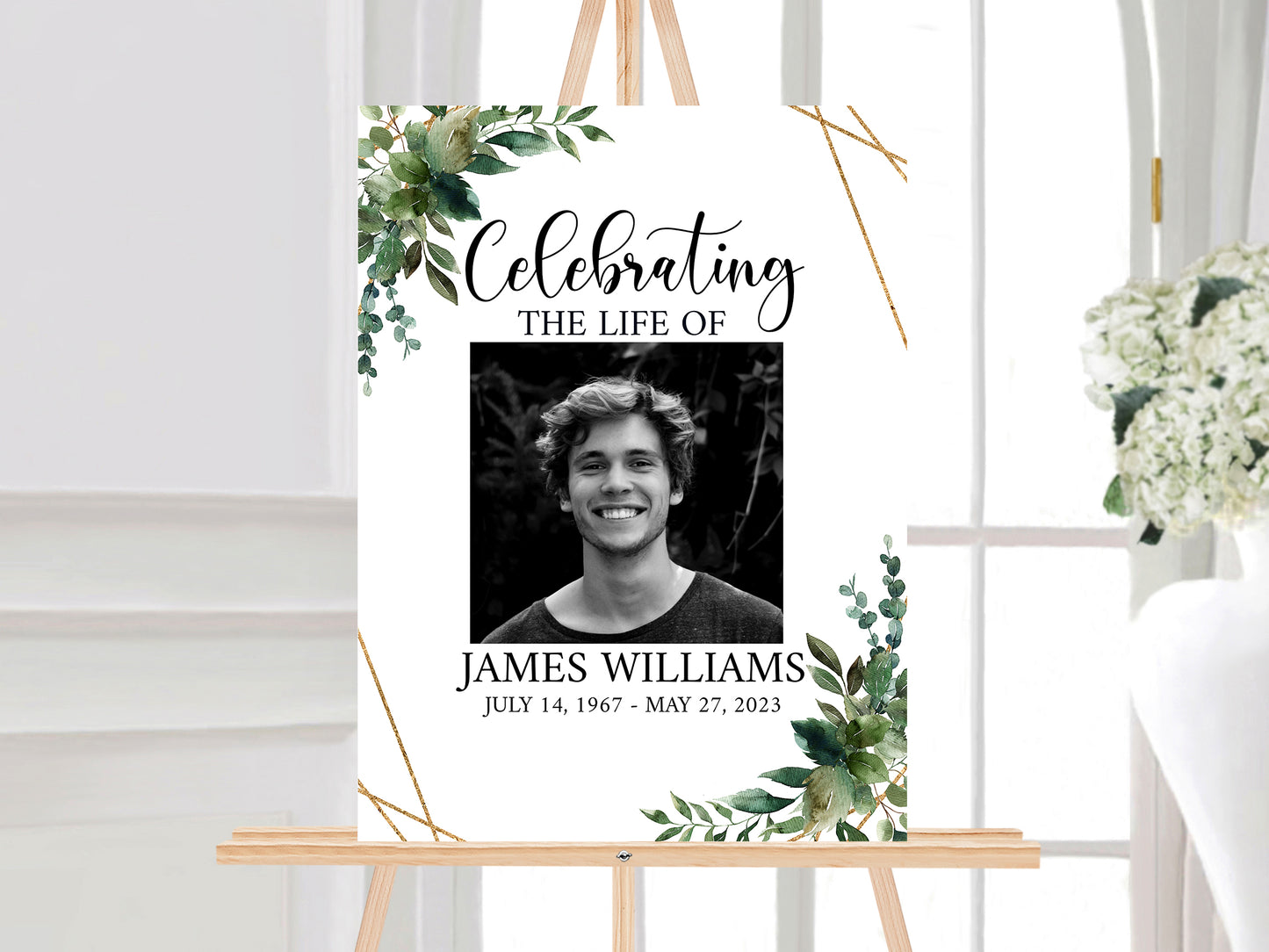 Celebration Of Life Watercolor Greenery Gold Funeral Welcome Sign Template, In Loving Memory Welcome Sign, Obituary Memorial Sign Funeral Welcome Poster Q1