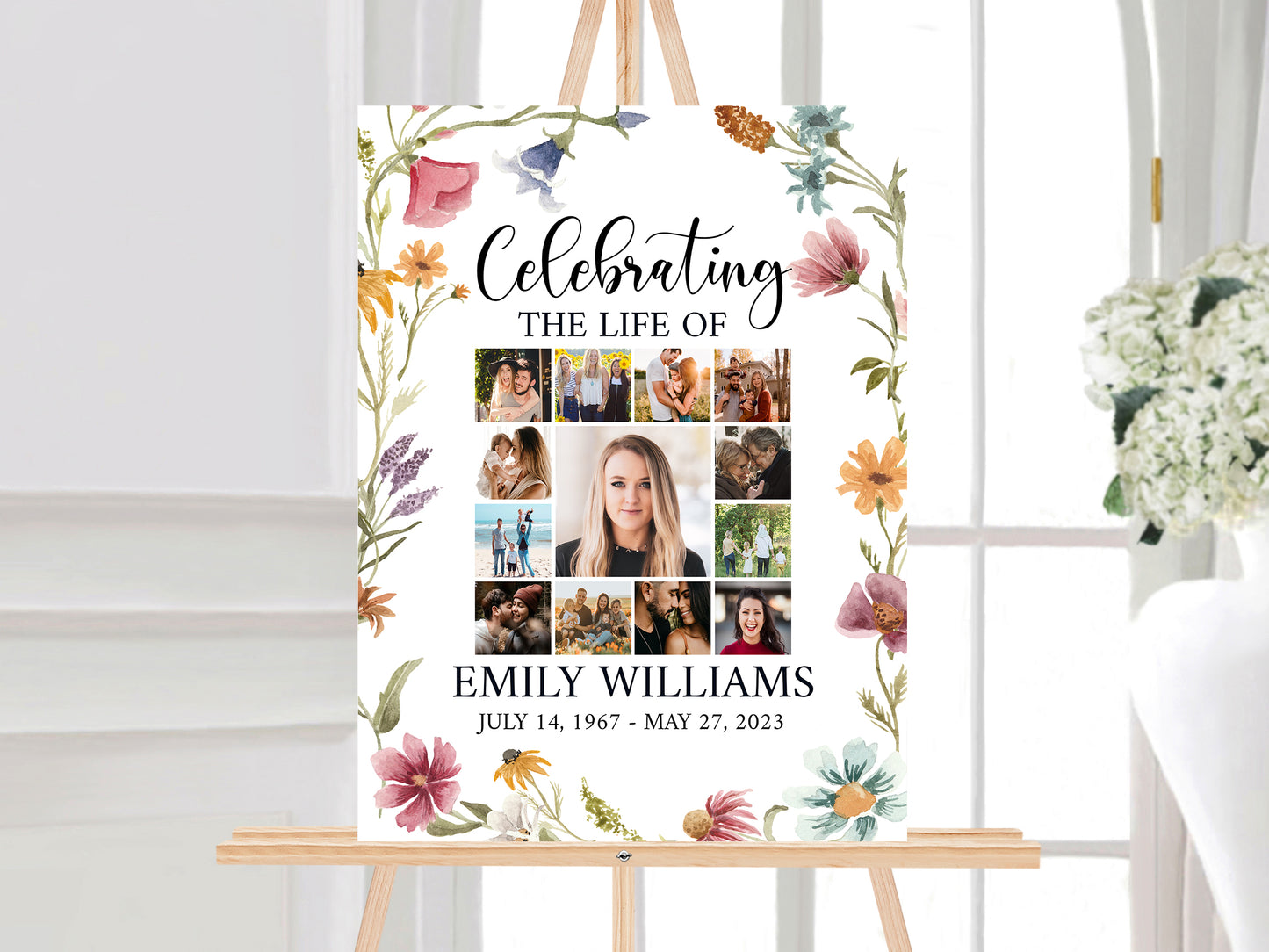 Celebration Of Life Red Greenery Wildflower Meadow Photo Collage Funeral Welcome Sign Template, Wildflower Photo Collage Funeral Poster, Photo Collage Memorial Sign