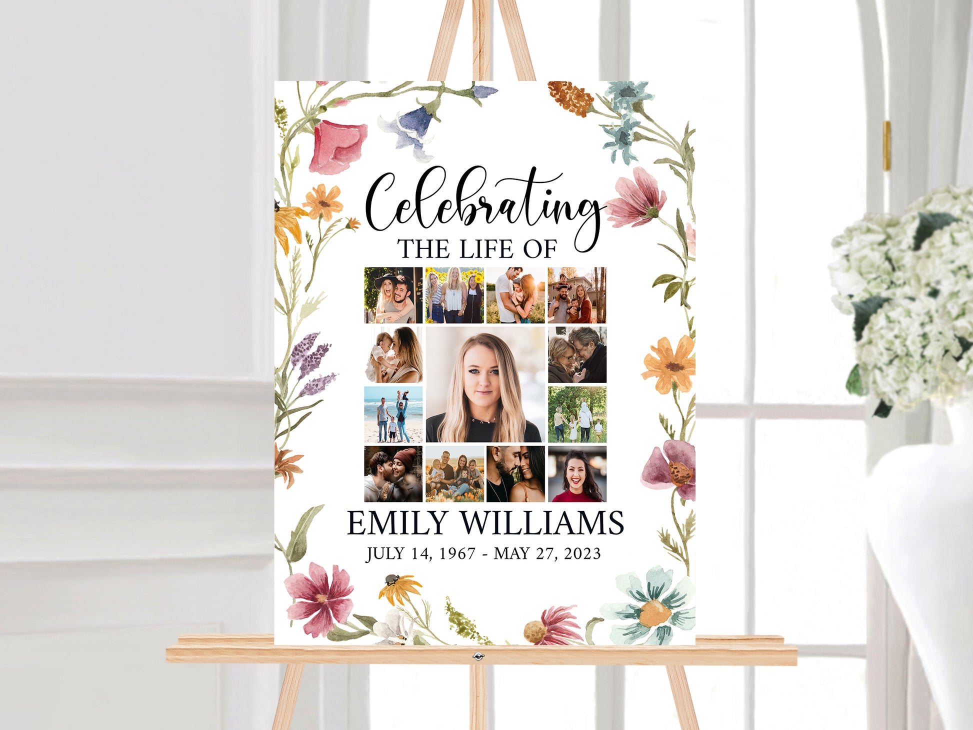 Celebration Of Life Red Greenery Wildflower Meadow Photo Collage Funeral Welcome Sign Template, Wildflower Photo Collage Funeral Poster, Photo Collage Memorial Sign