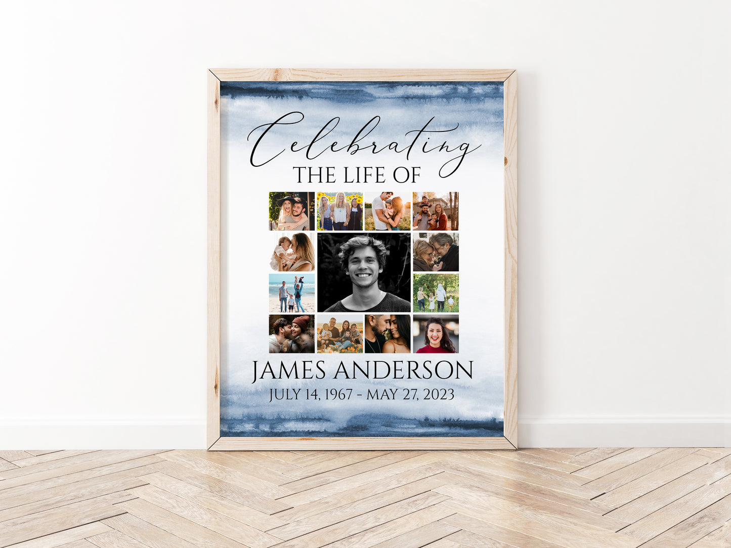 Celebration Of Life Blue Watercolor Photo Collage Funeral Welcome Sign B4