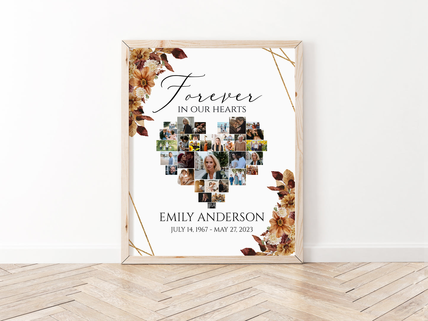 Forever in our Hearts Fall Orange Brown Dried Leaves Autumn Heart Photo Collage 5 Funeral Welcome Sign Templates, Fall Watercolor Heart Photo Collage 5 Funeral Sign