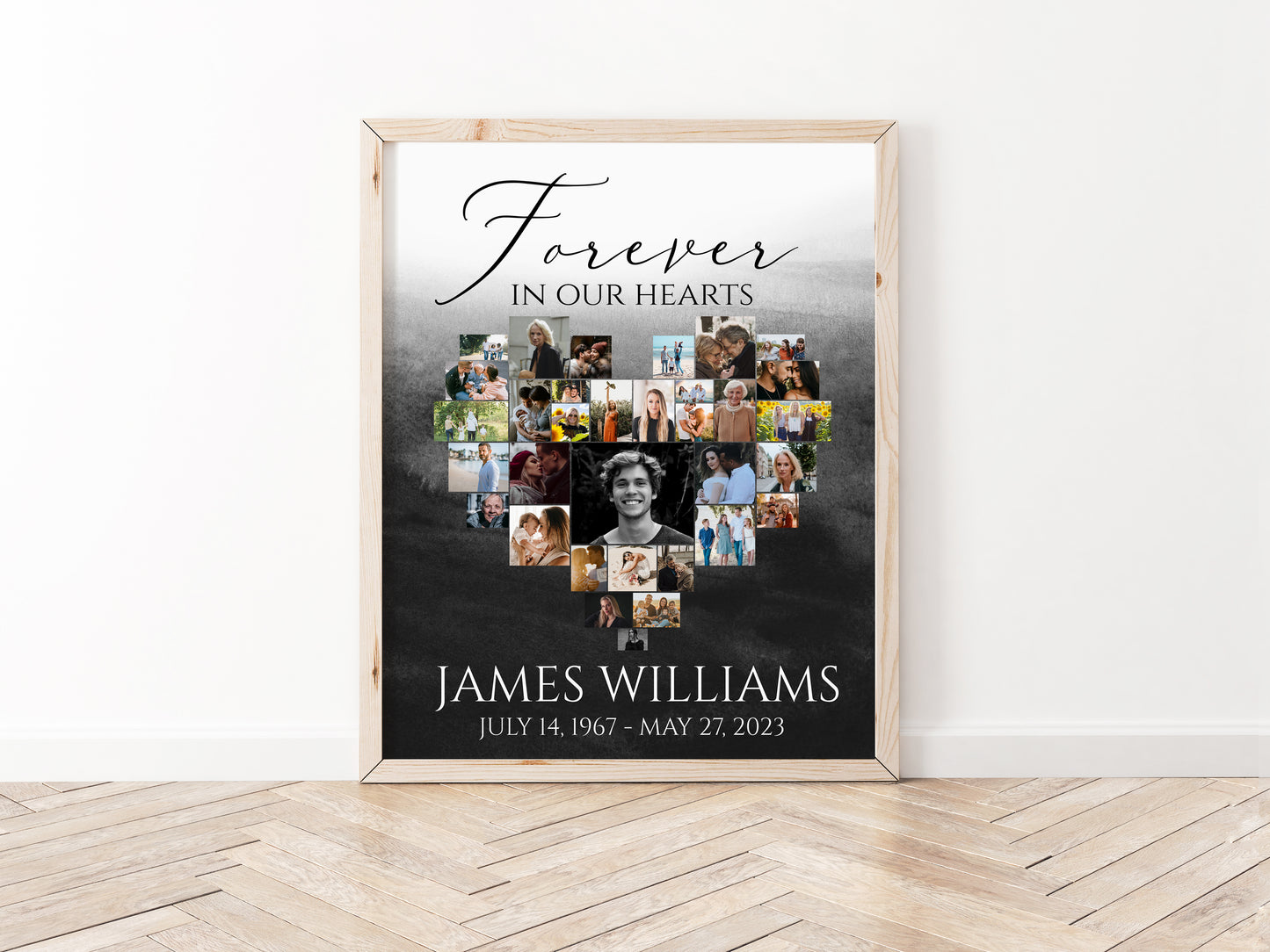 Forever in our Hearts Black Watercolor Heart Photo Collage Funeral Welcome Sign Template, Black Watercolor Heart Funeral Photo Collage Poster, Heart Memorial Sign